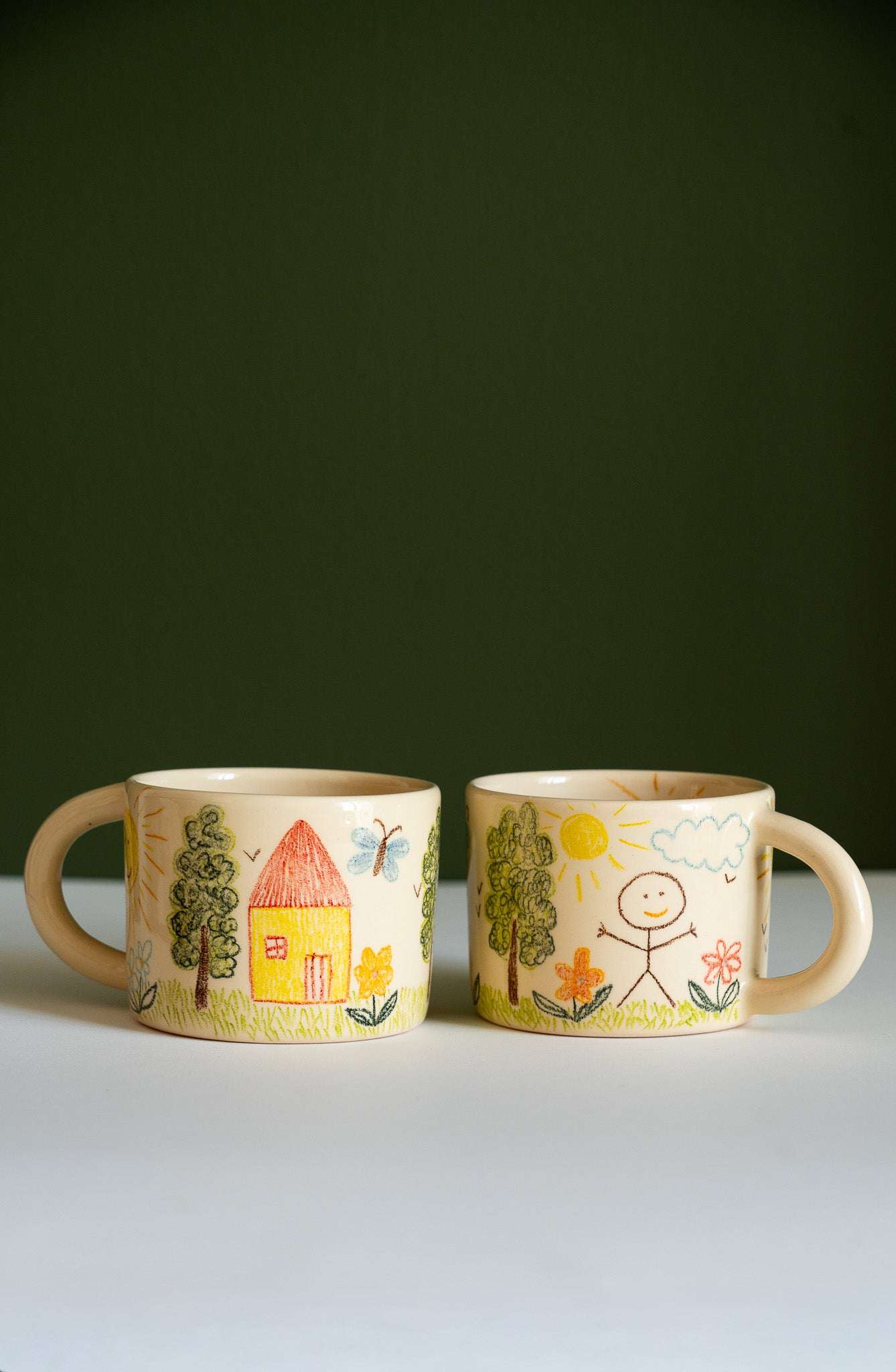 Hand-Drawn Ceramic Mug – Beige Stoneware, Whimsical Childhood Landscape Art