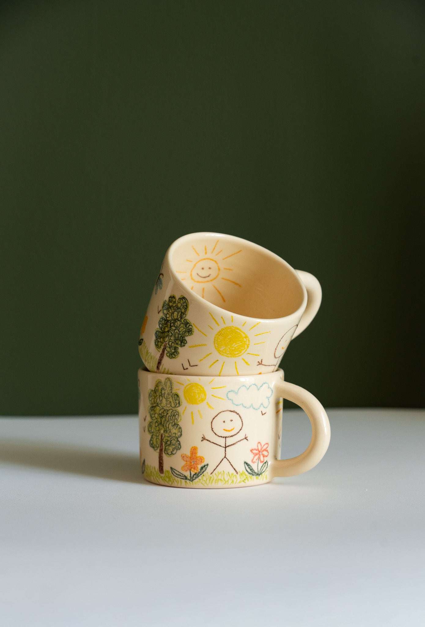Hand-Drawn Ceramic Mug – Beige Stoneware, Whimsical Childhood Landscape Art