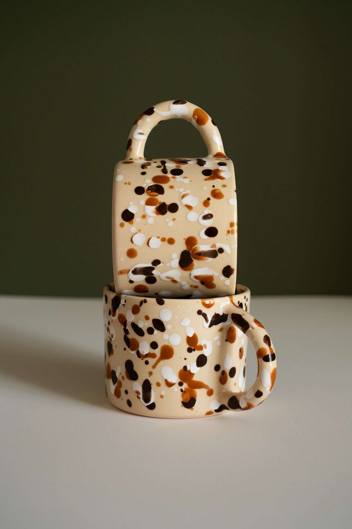 Hand Painted Splatter Ceramic Mug - Tortoise Shell Aesthetic Beige Stoneware Coffee Cup