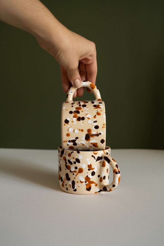 Hand Painted Splatter Ceramic Mug - Tortoise Shell Aesthetic Beige Stoneware Coffee Cup