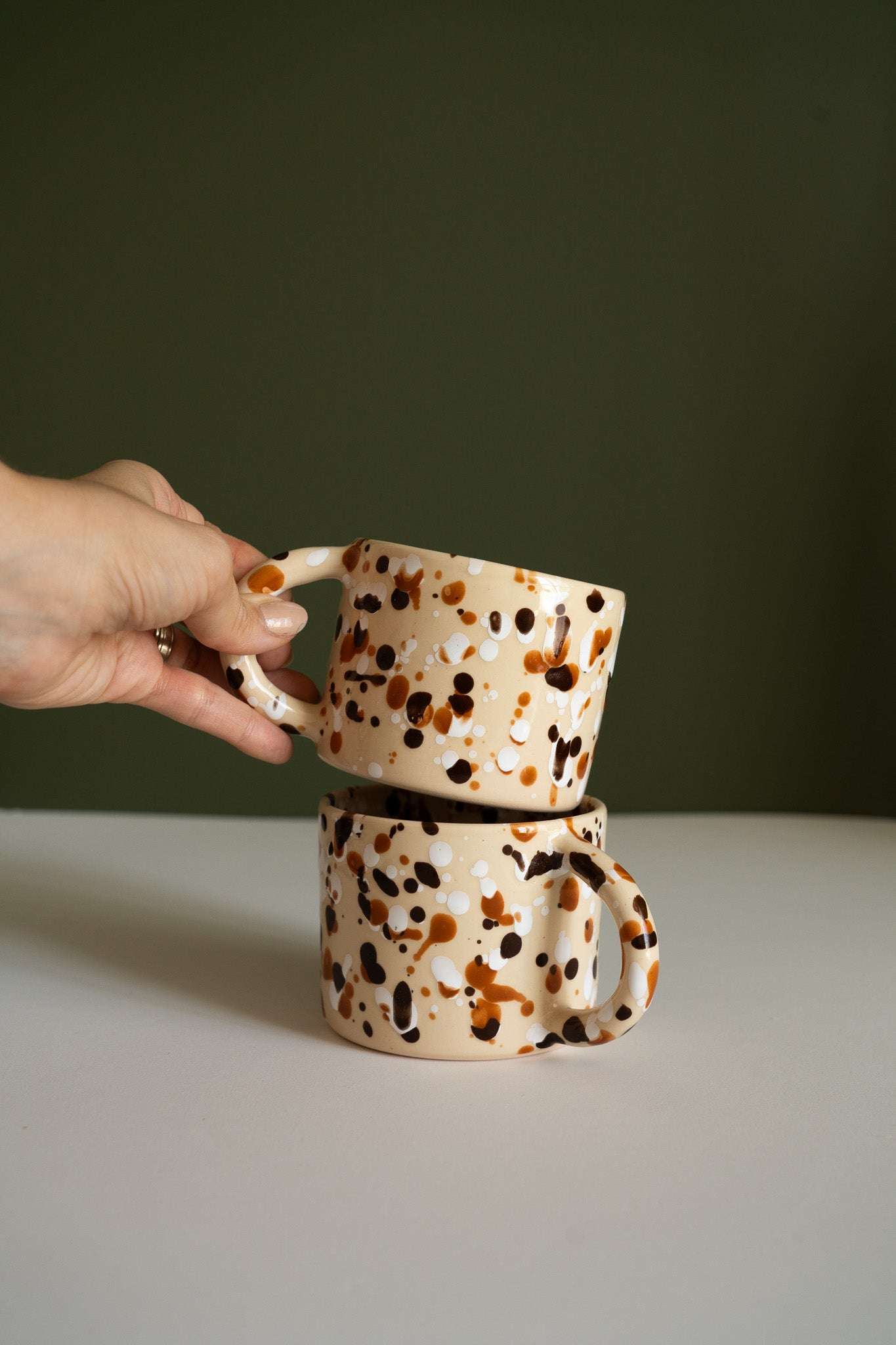 Hand Painted Splatter Ceramic Mug - Tortoise Shell Aesthetic Beige Stoneware Coffee Cup