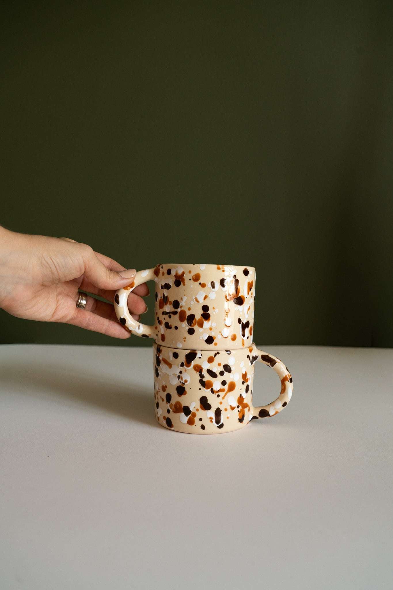 Hand Painted Splatter Ceramic Mug - Tortoise Shell Aesthetic Beige Stoneware Coffee Cup