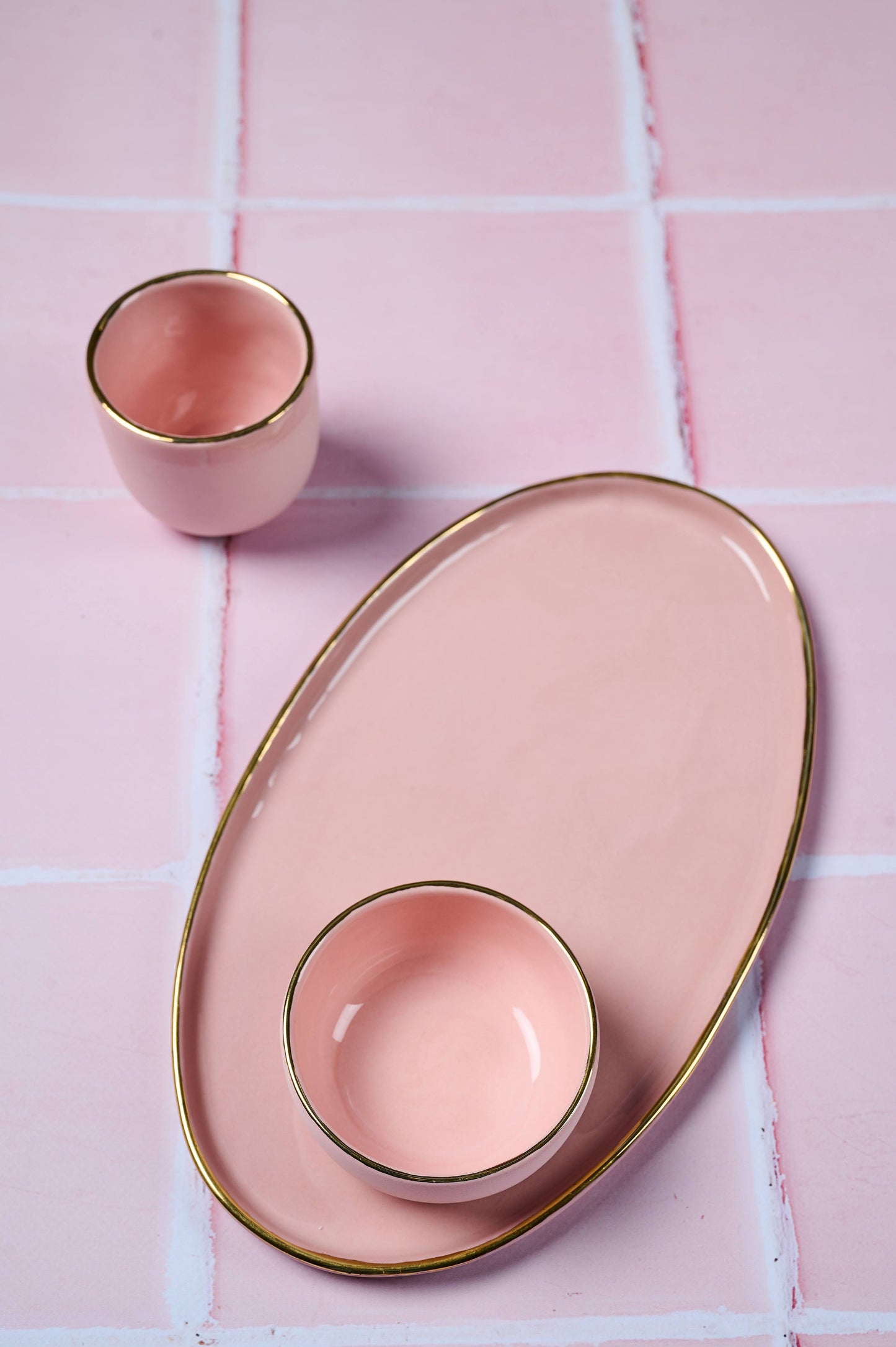 Handmade Porcelain Pinch Bowl with Gold Rim. Powder Pink