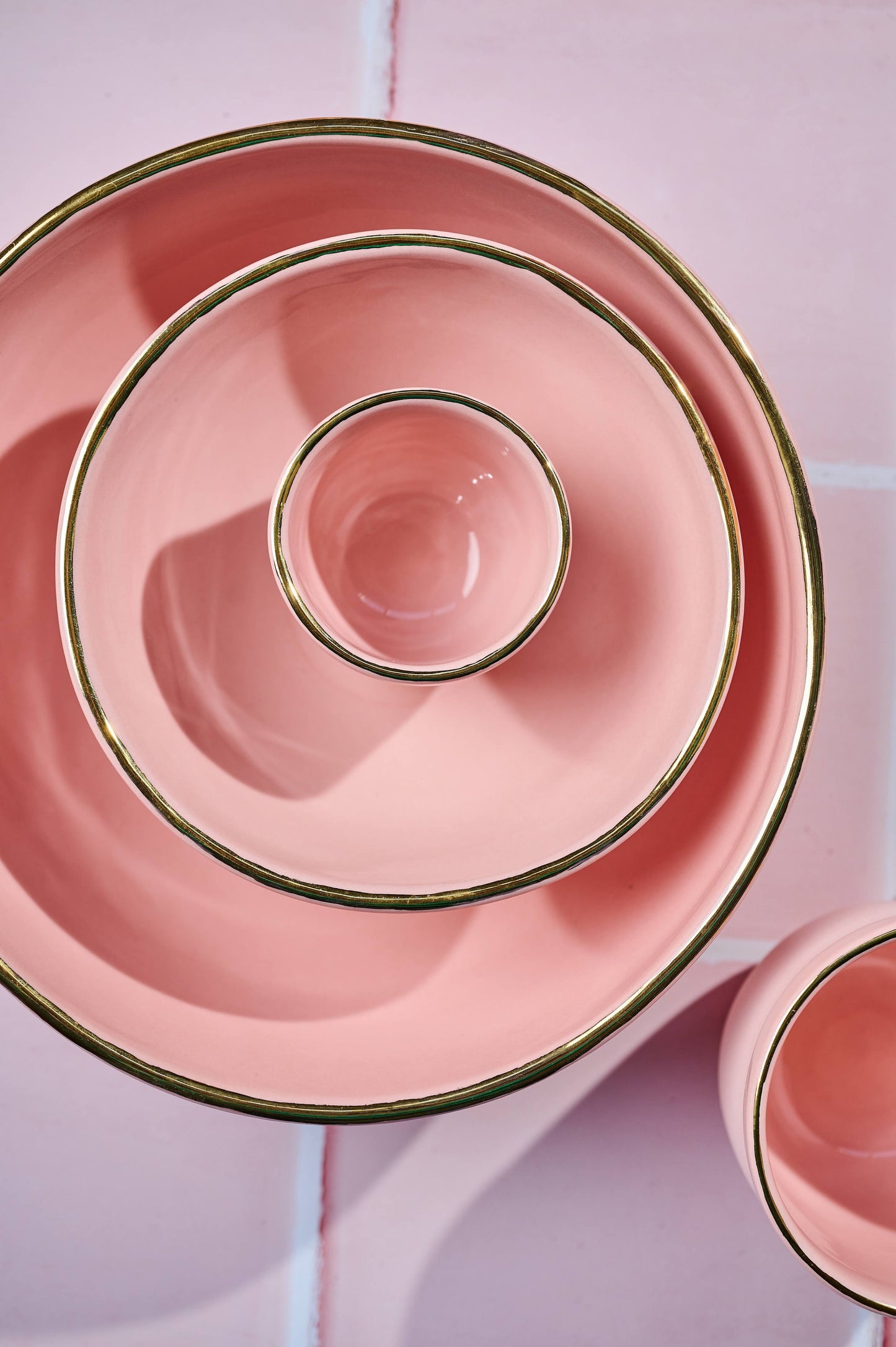 Handmade Porcelain Salad Serving Bowl with Gold Rim. Powder Pink