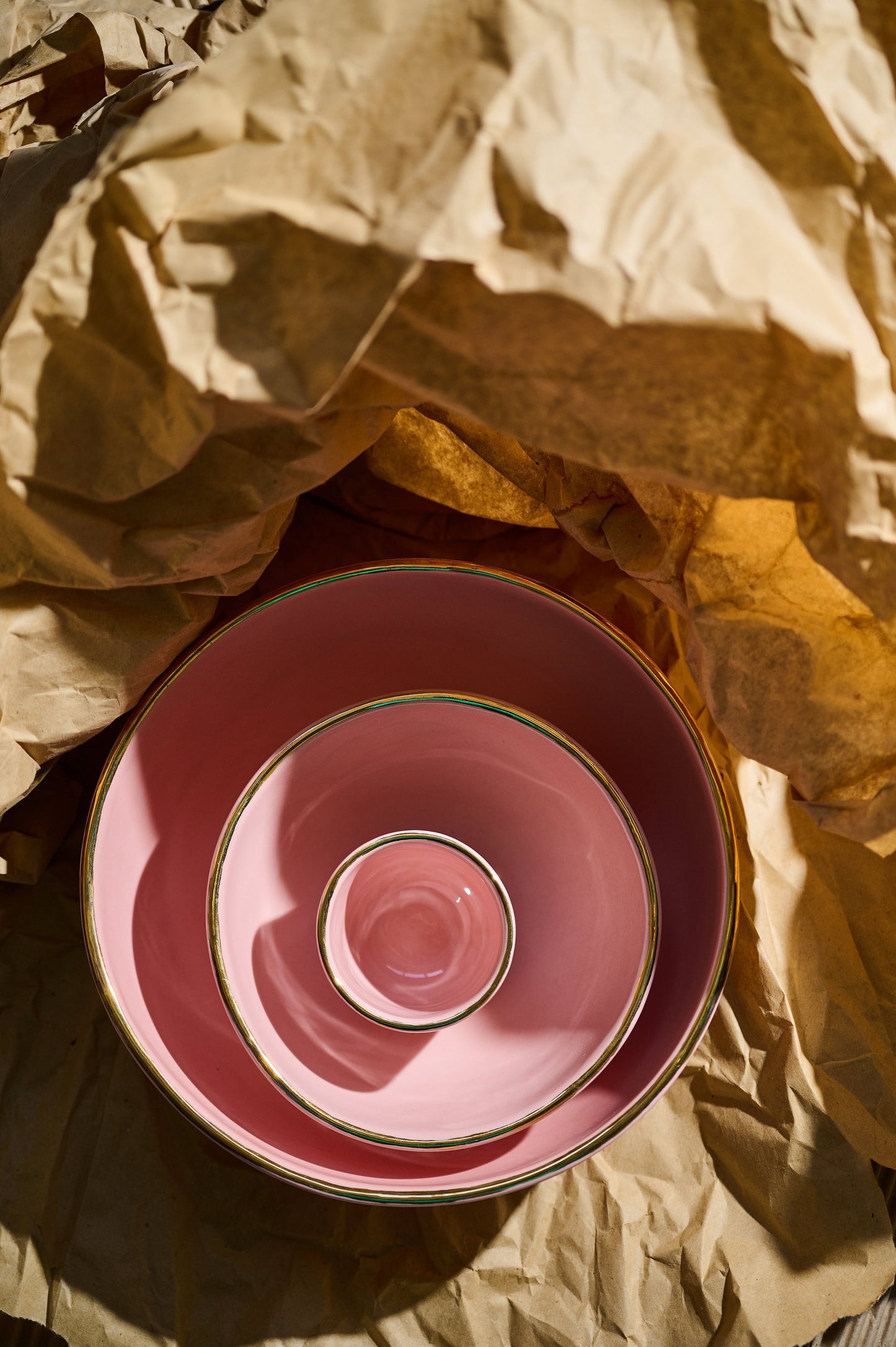 Handmade Porcelain Salad Serving Bowl with Gold Rim. Powder Pink