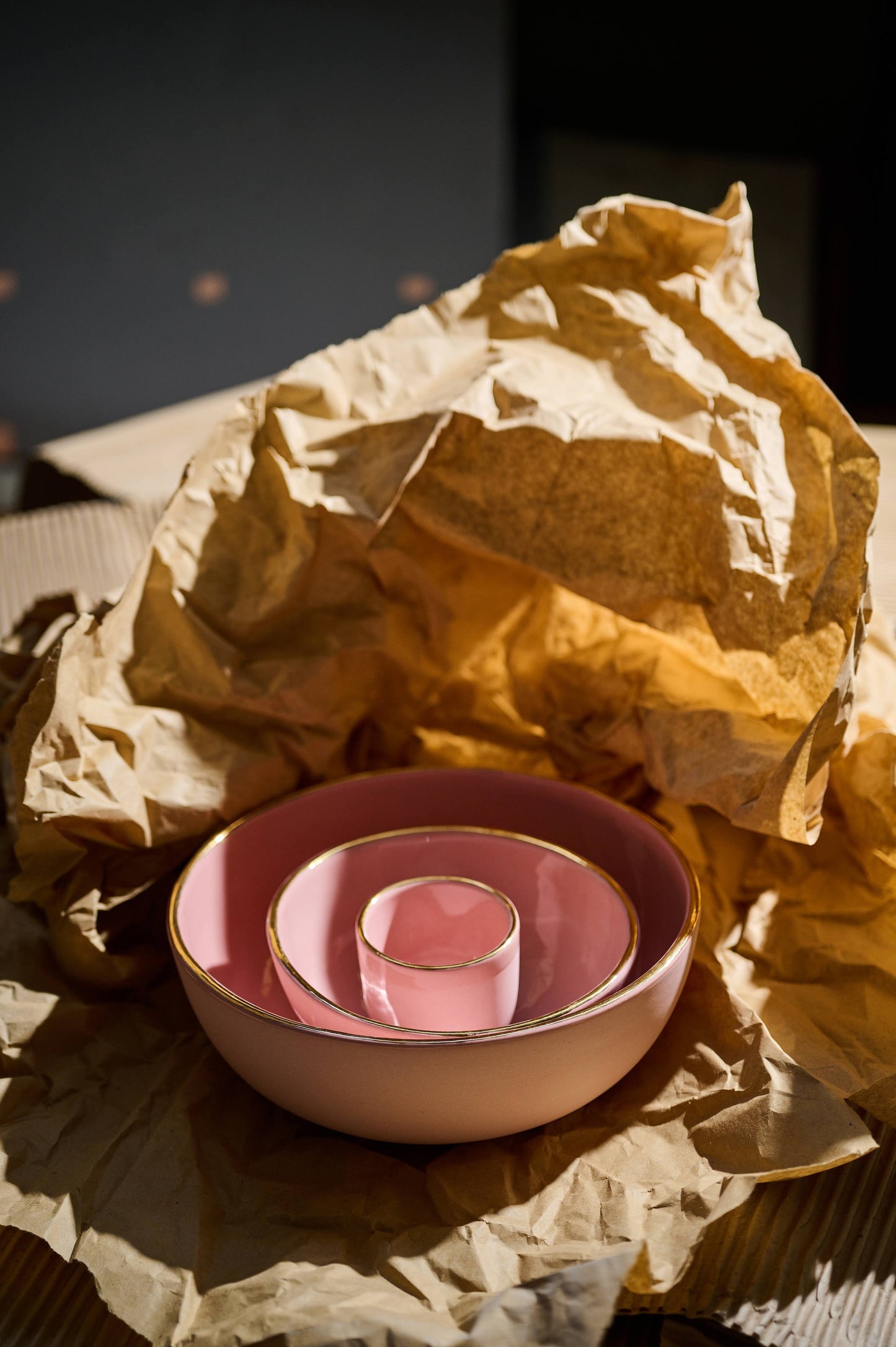 Handmade Porcelain Bowl with Gold Rim. Powder Pink