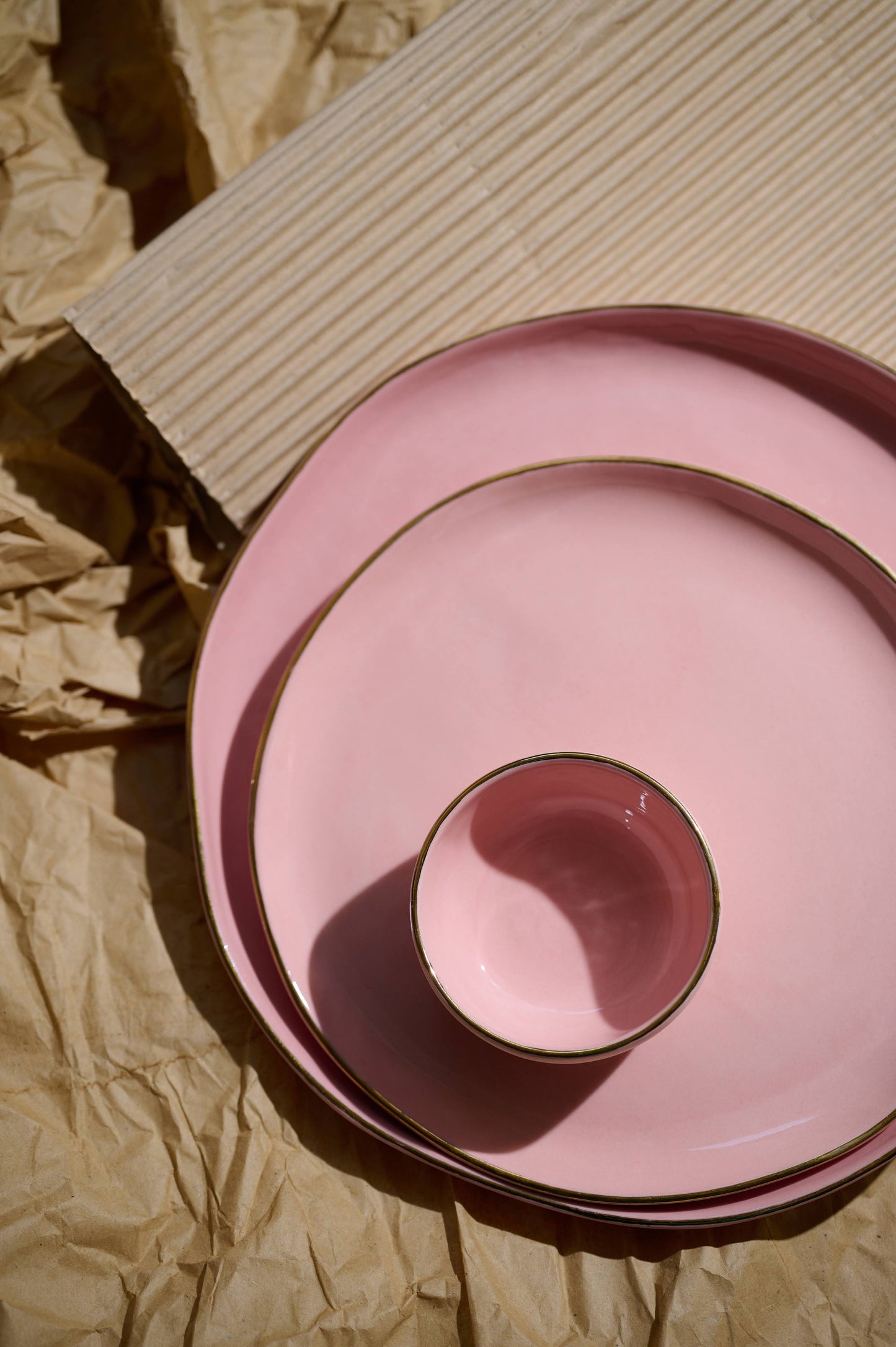 Handmade Porcelain Dinner Plates with Gold Rim. Powder Pink