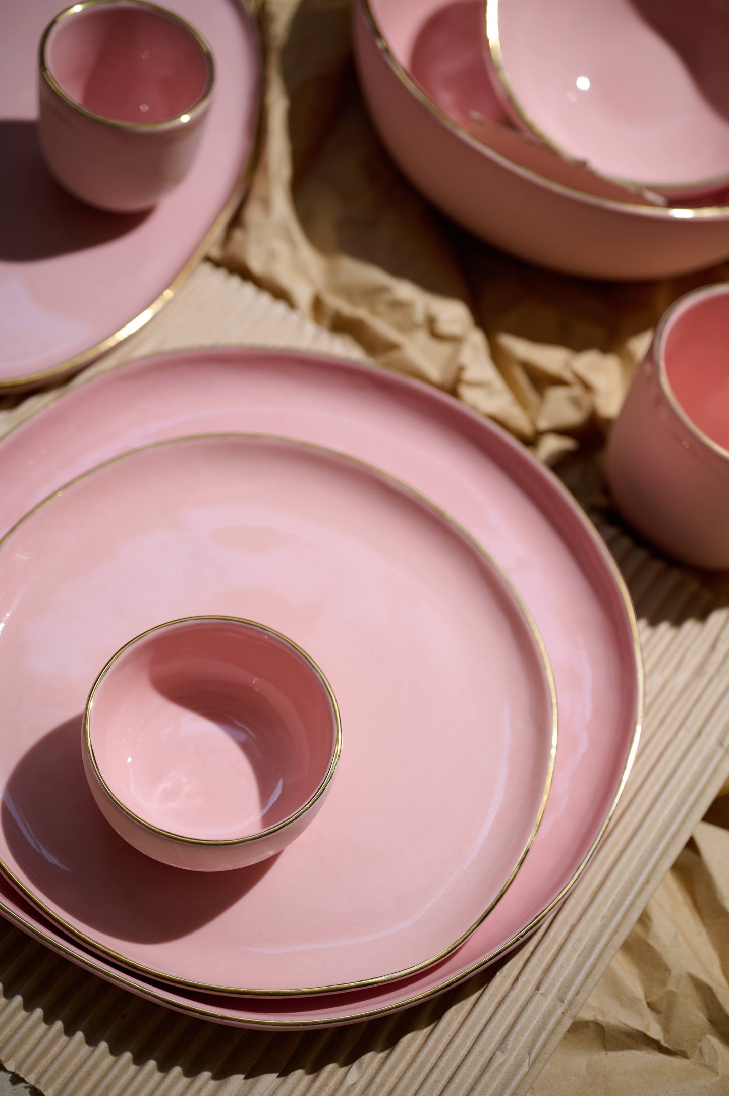 Handmade Porcelain Dinner Plates with Gold Rim. Powder Pink