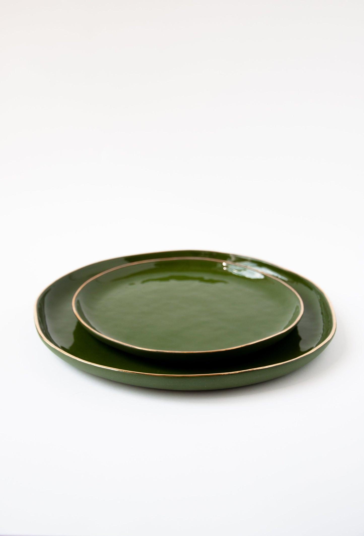 Handmade Porcelain Dinner Plates with Gold Rim. Green