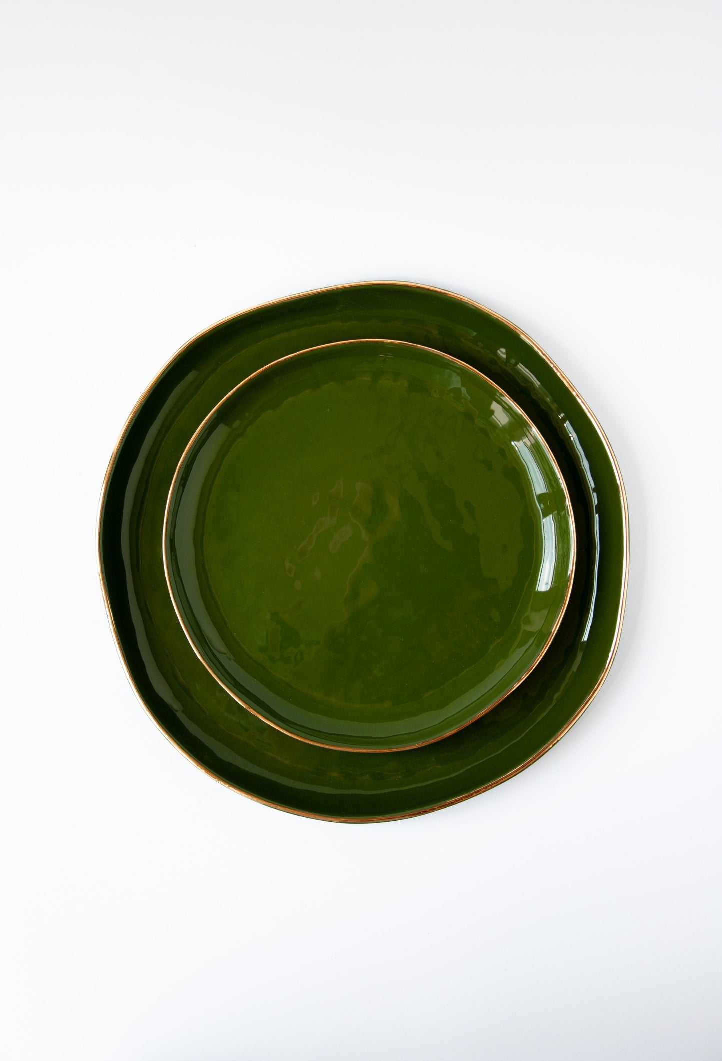 Handmade Porcelain Dinner Plates with Gold Rim. Green