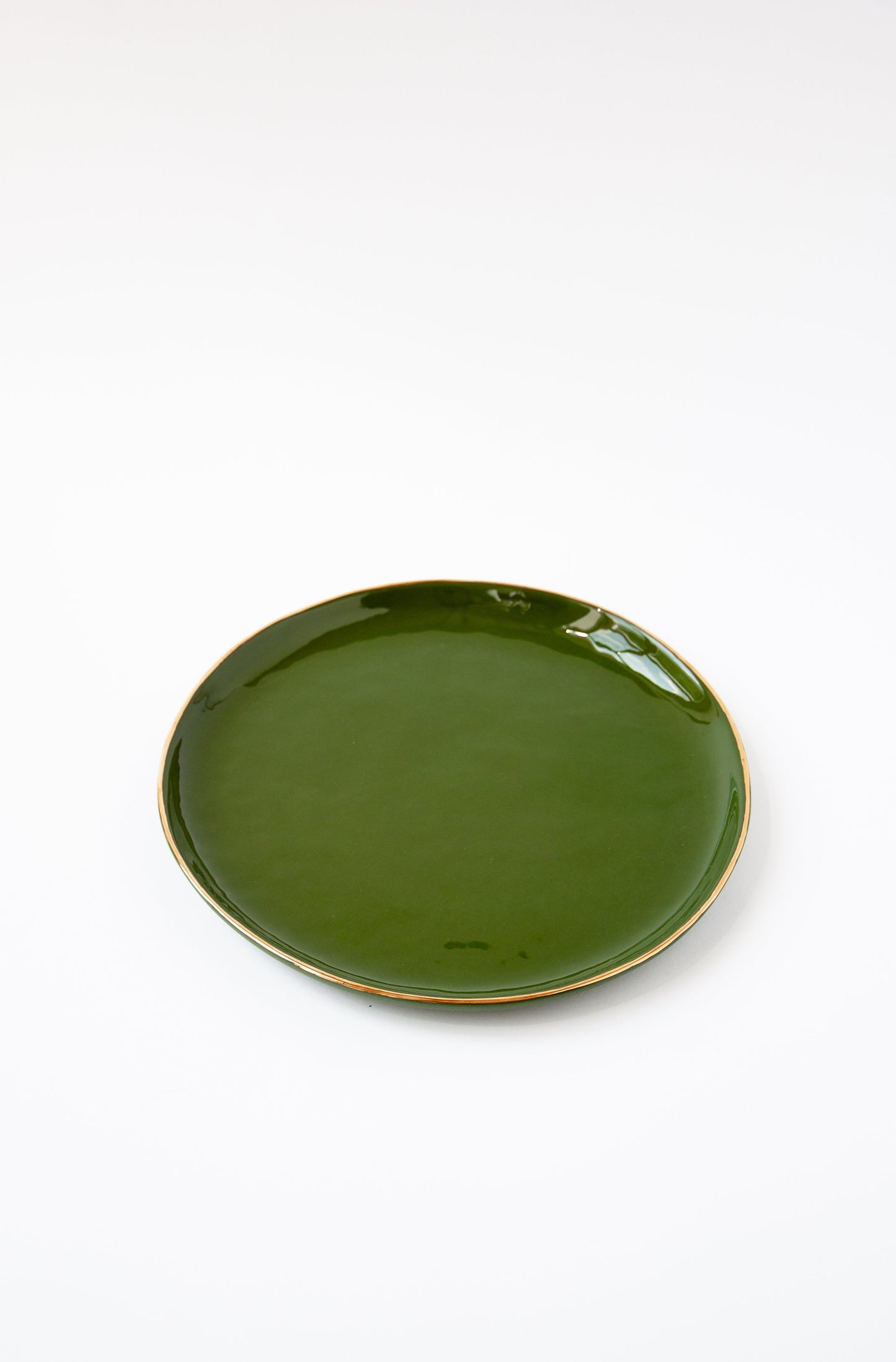 Handmade Porcelain Dinner Plates with Gold Rim. Green