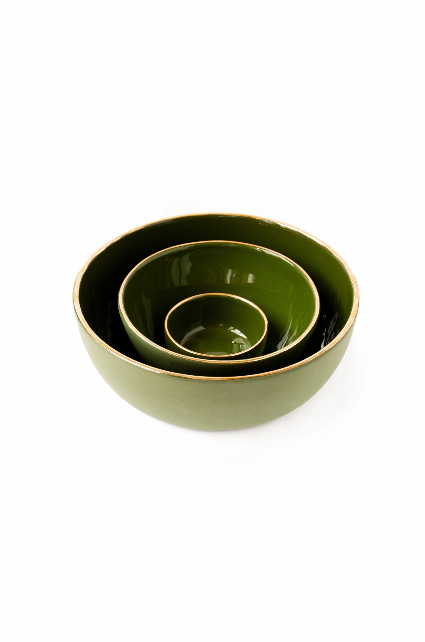 Handmade Porcelain Pinch Bowl with Gold Rim. Green