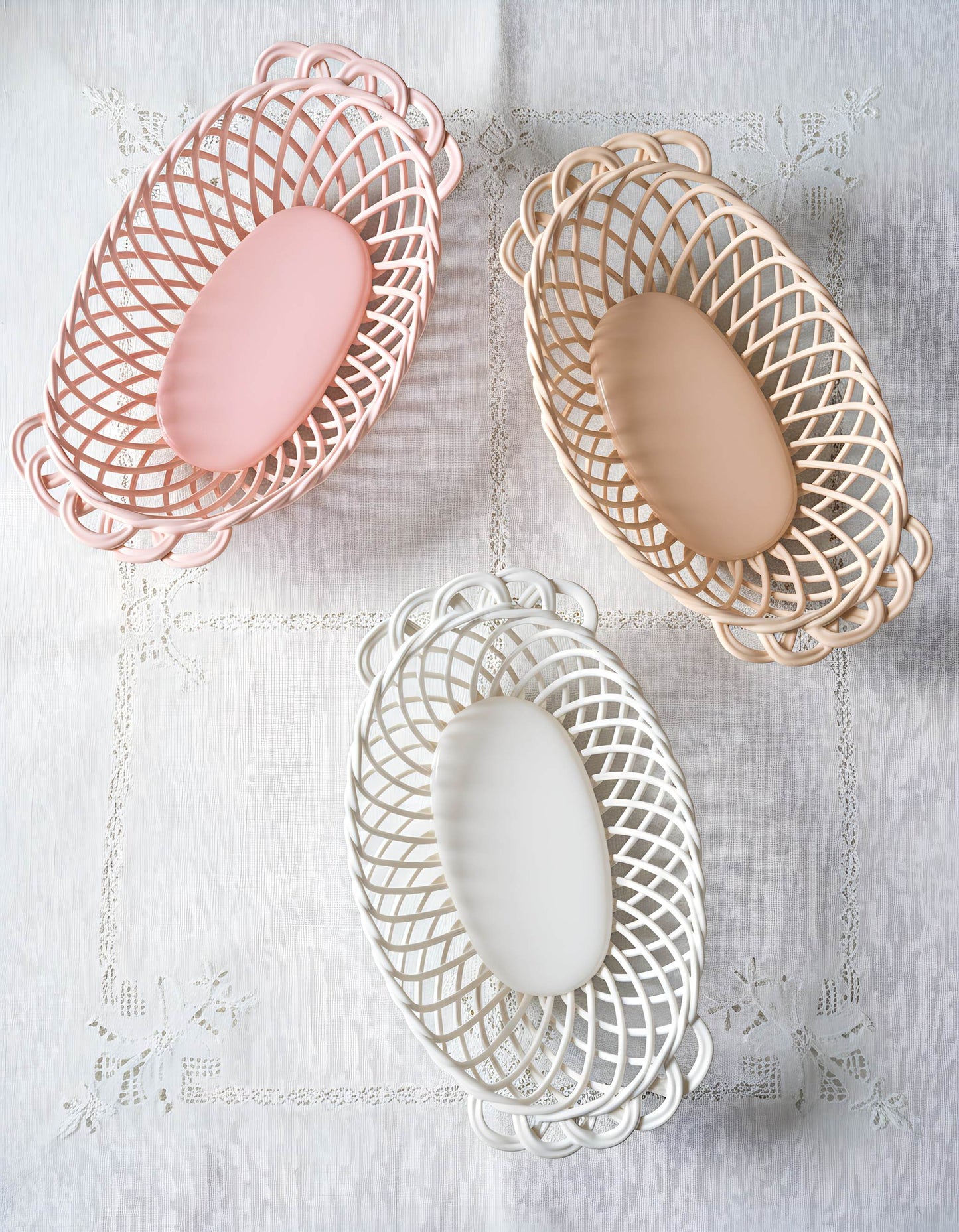 Ceramic Oval Basket - Handwoven Porcelain in White, Beige & Pink Glaze