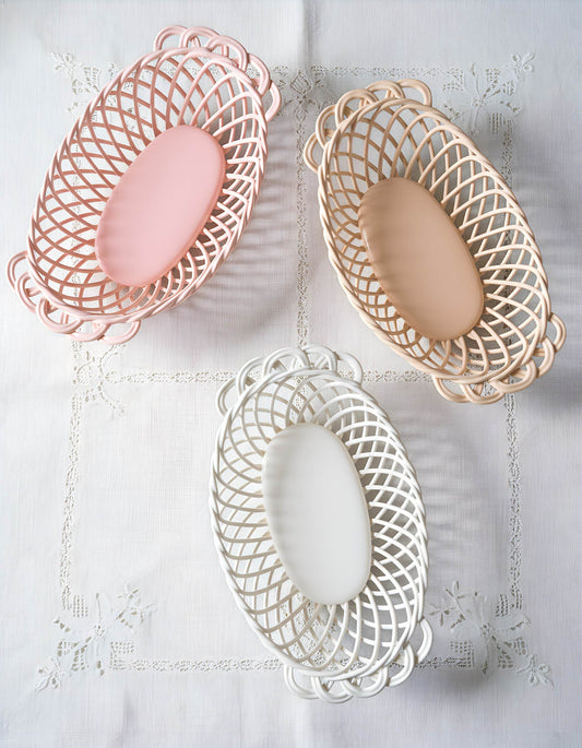 Ceramic Oval Basket - Handwoven Porcelain in White, Beige & Pink Glaze