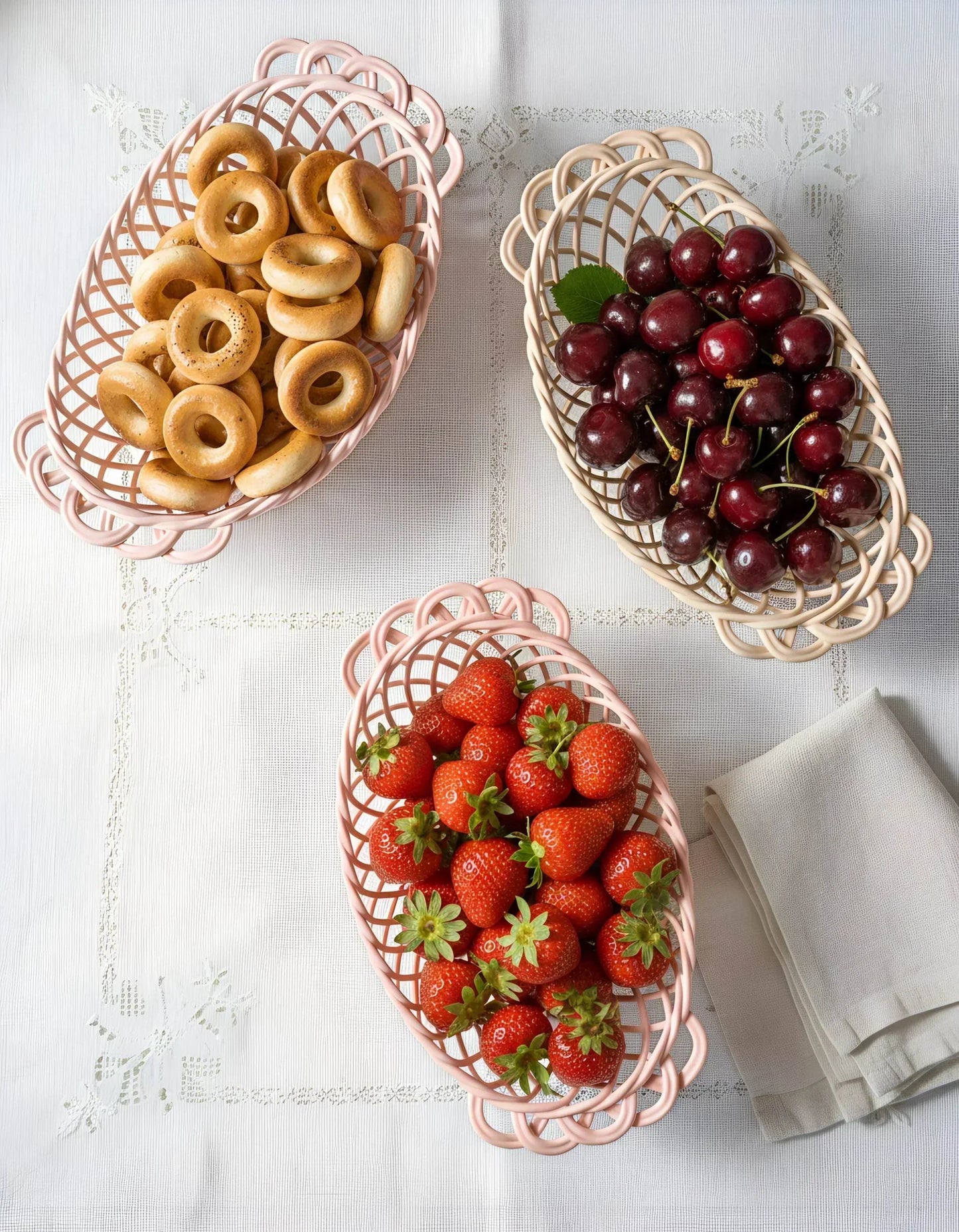 Ceramic Oval Basket - Handwoven Porcelain in White, Beige & Pink Glaze