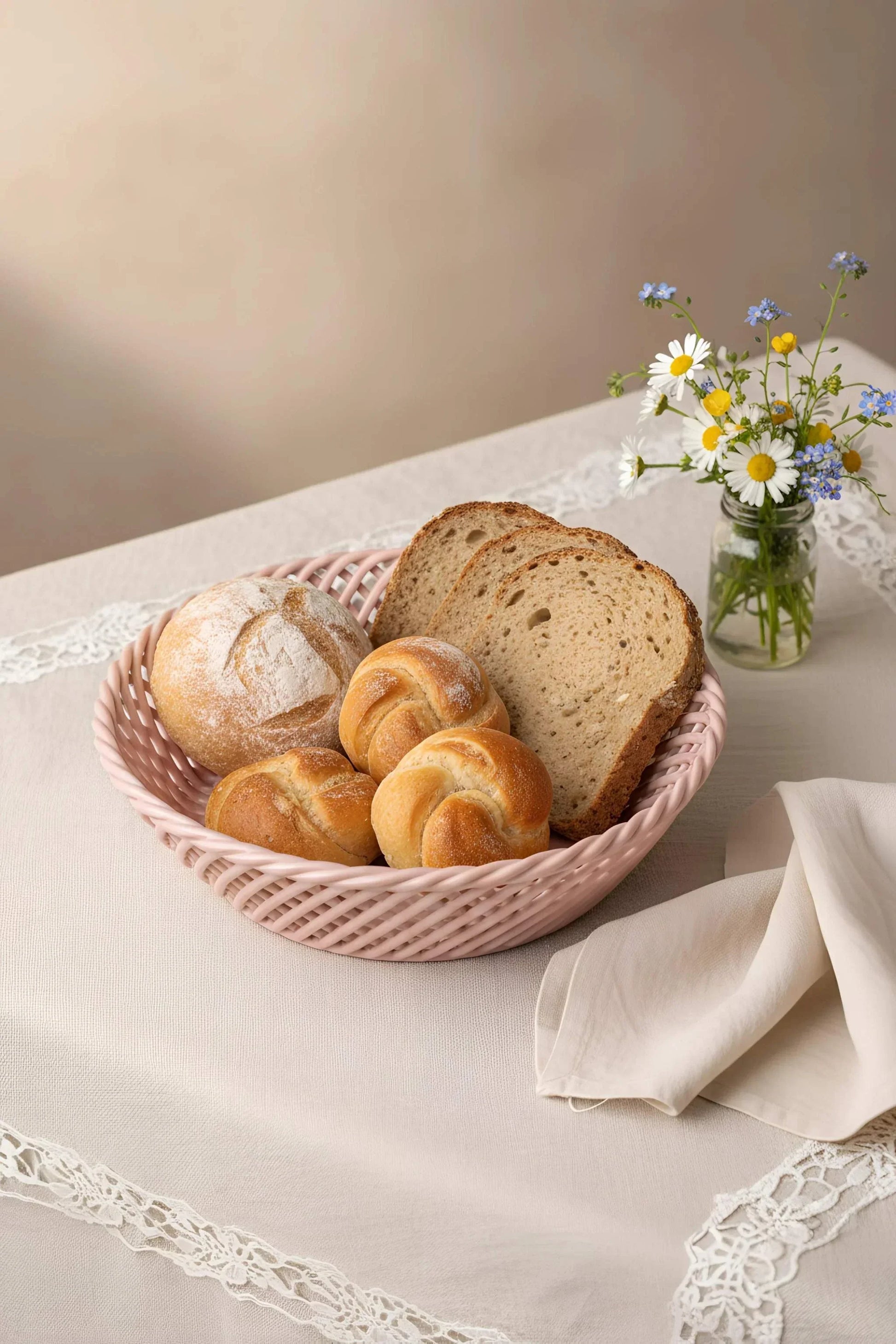 Ceramic Round Hand-Woven Basket – White, Beige & Pink Glossy Porcelain