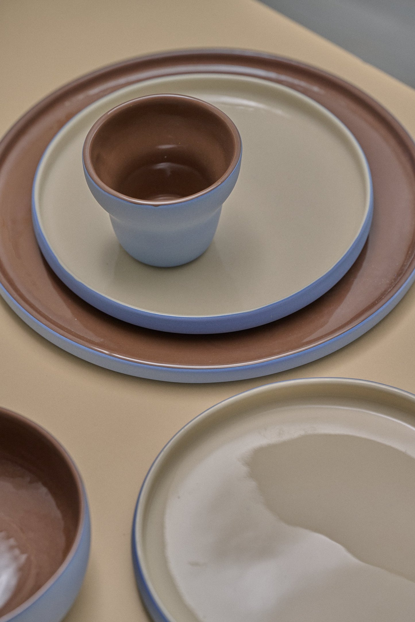 Handmade Porcelain Dinner Plates. Forget-me-not/Chocolate