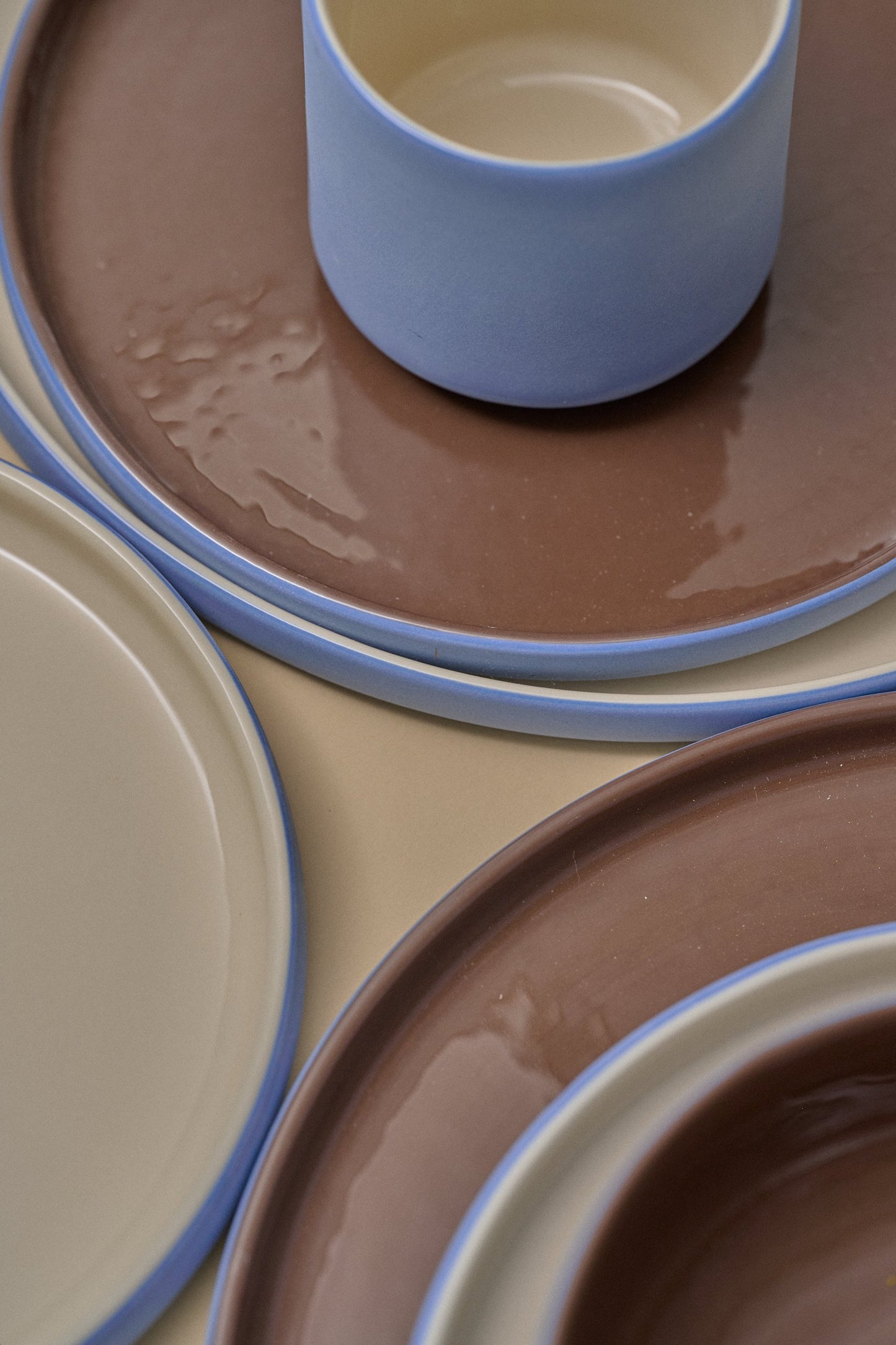 Handmade Porcelain Dinner Plates. Forget-me-not/Chocolate