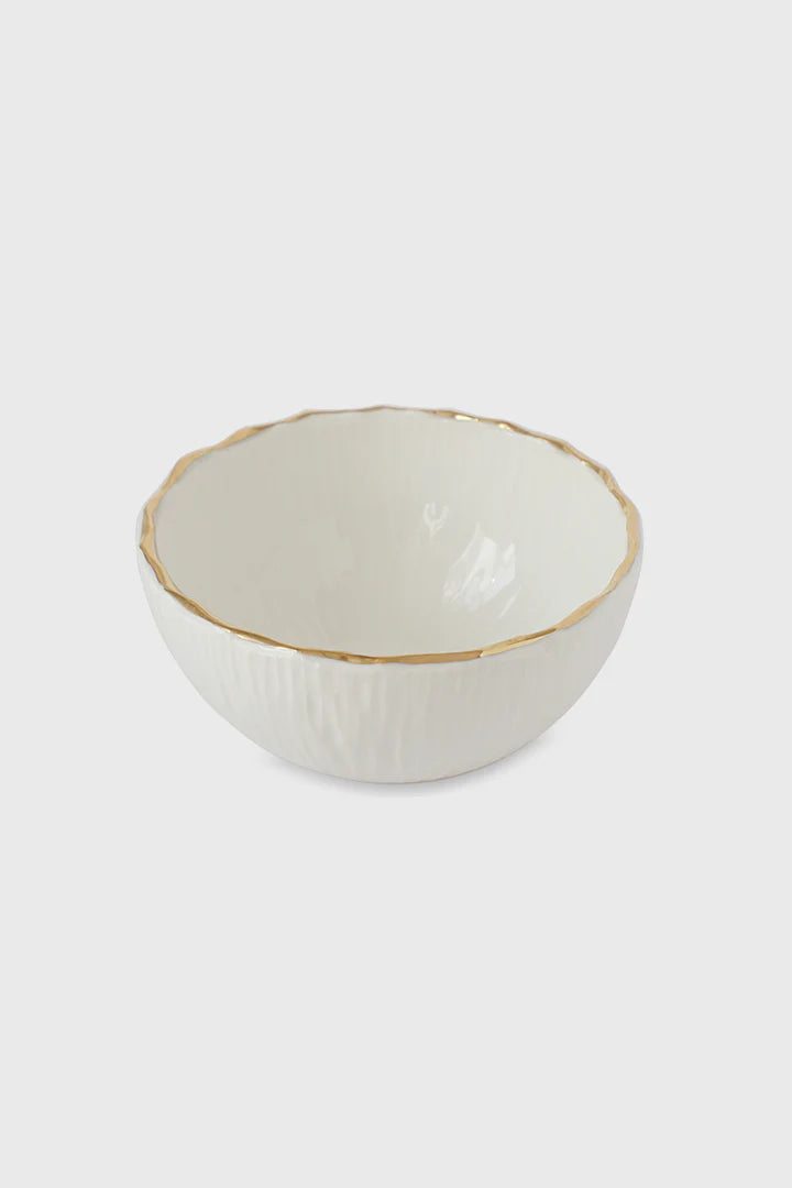 Handmade White Porcelain Bowl with Gold Rim. Relief Collection
