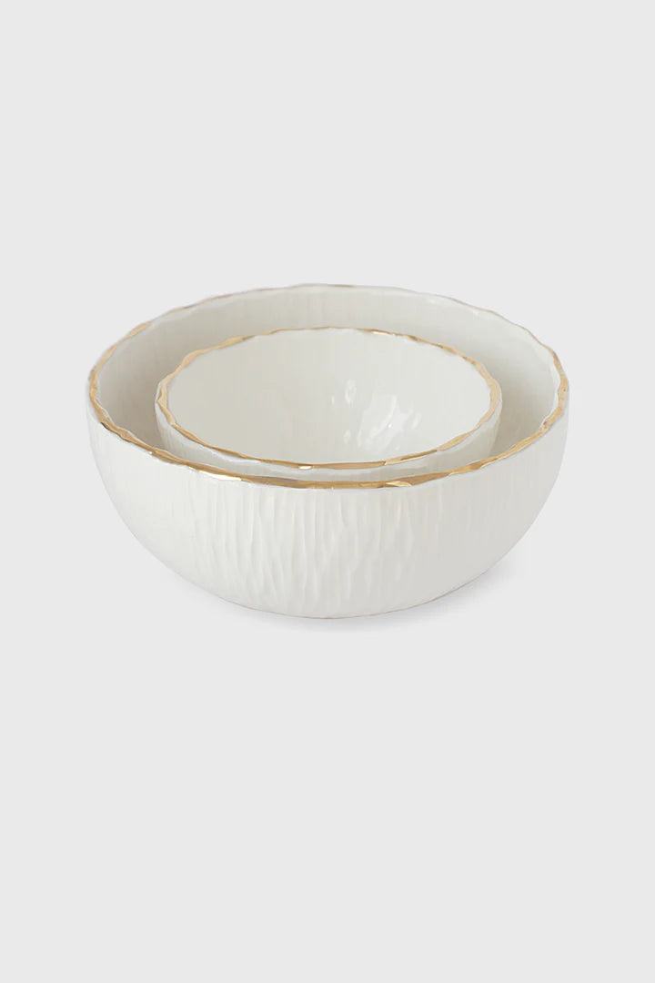 Handmade White Porcelain Bowl with Gold Rim. Relief Collection