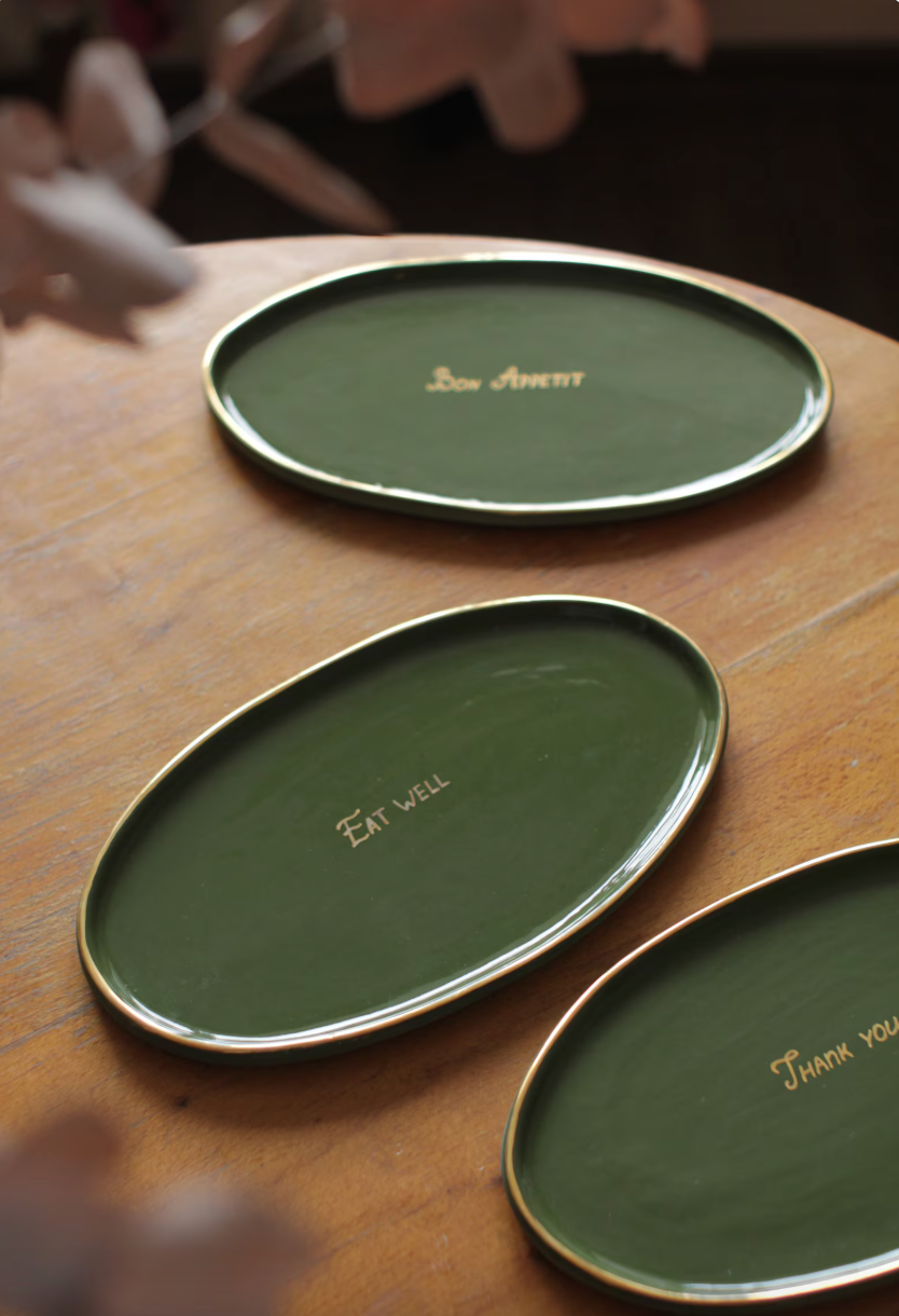 Personalized Wedding Platter: Green Ceramic Serving Tray with Gold Rim