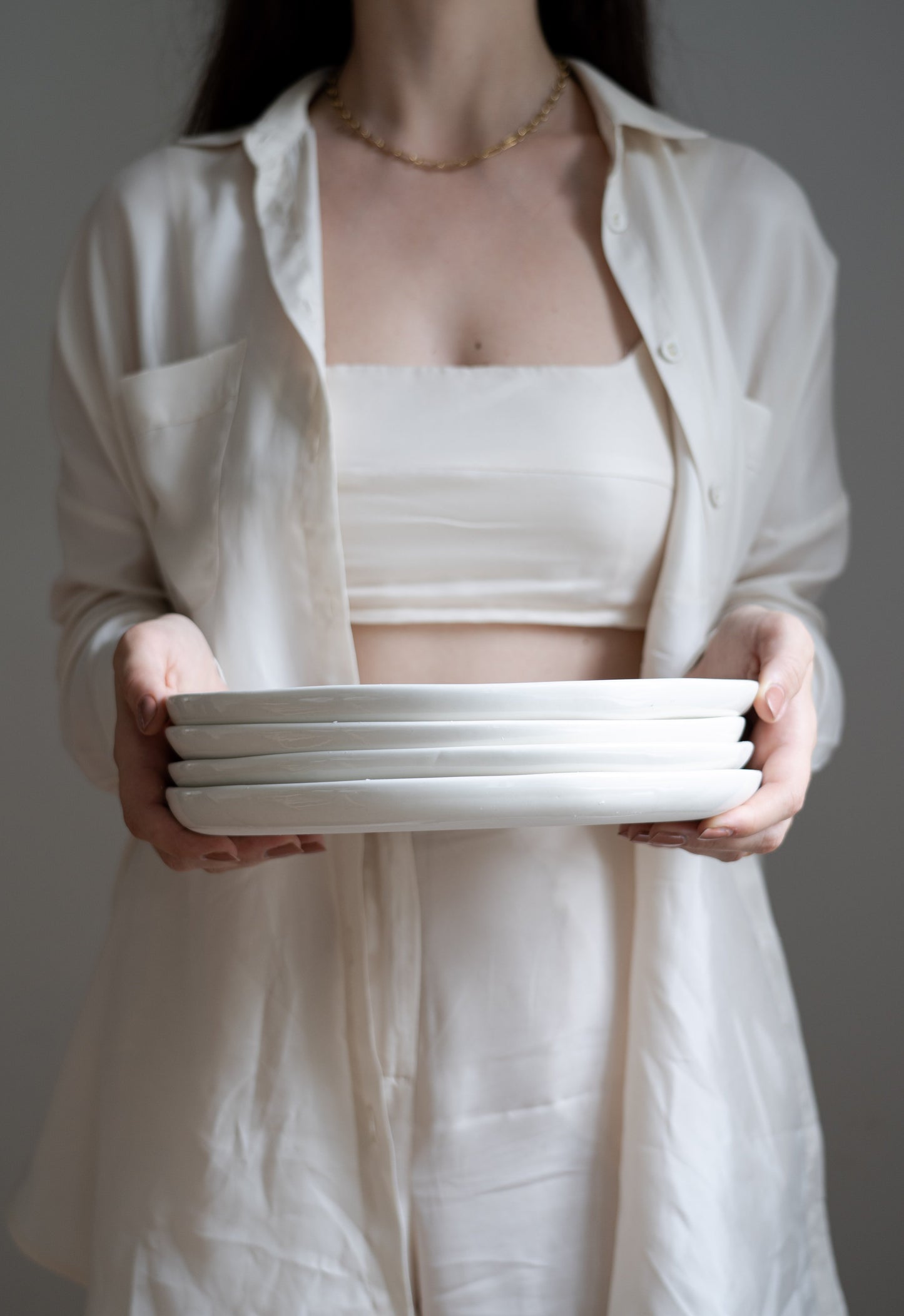 Handmade Porcelain Dinner Plates. Off-White with Strokes