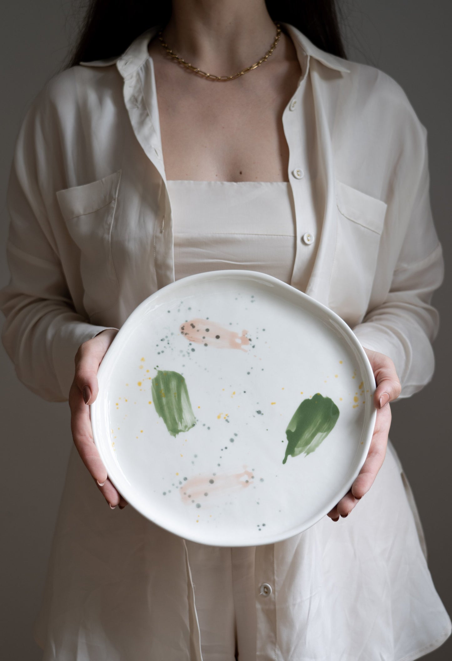 Handmade Porcelain Dinner Plates. Off-White with Strokes