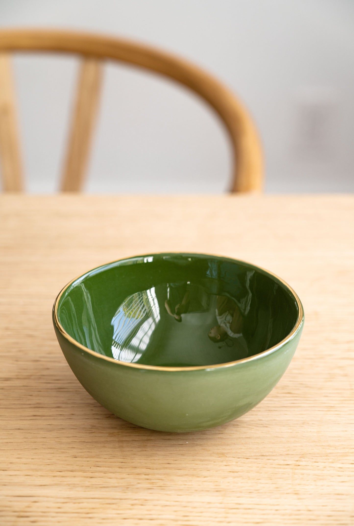 Handmade Porcelain Bowl with Gold Rim. Green