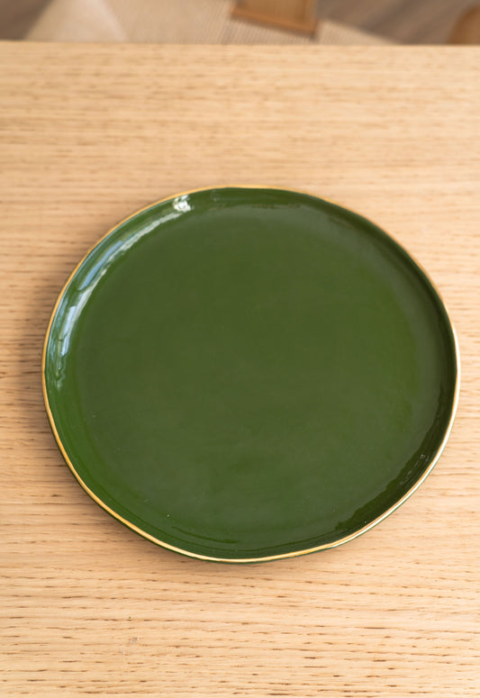 Handmade Porcelain Dinner Plates with Gold Rim. Green