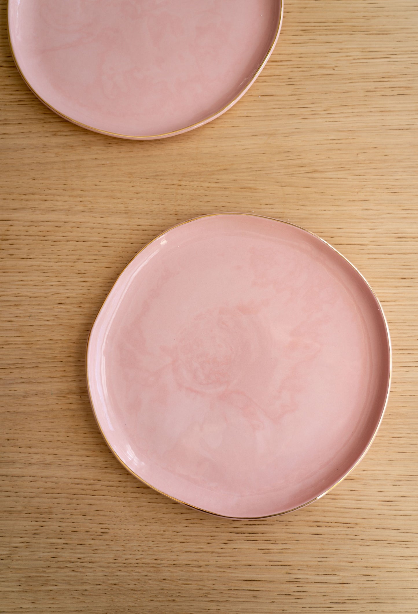 Handmade Porcelain Dinner Plates with Gold Rim. Powder Pink