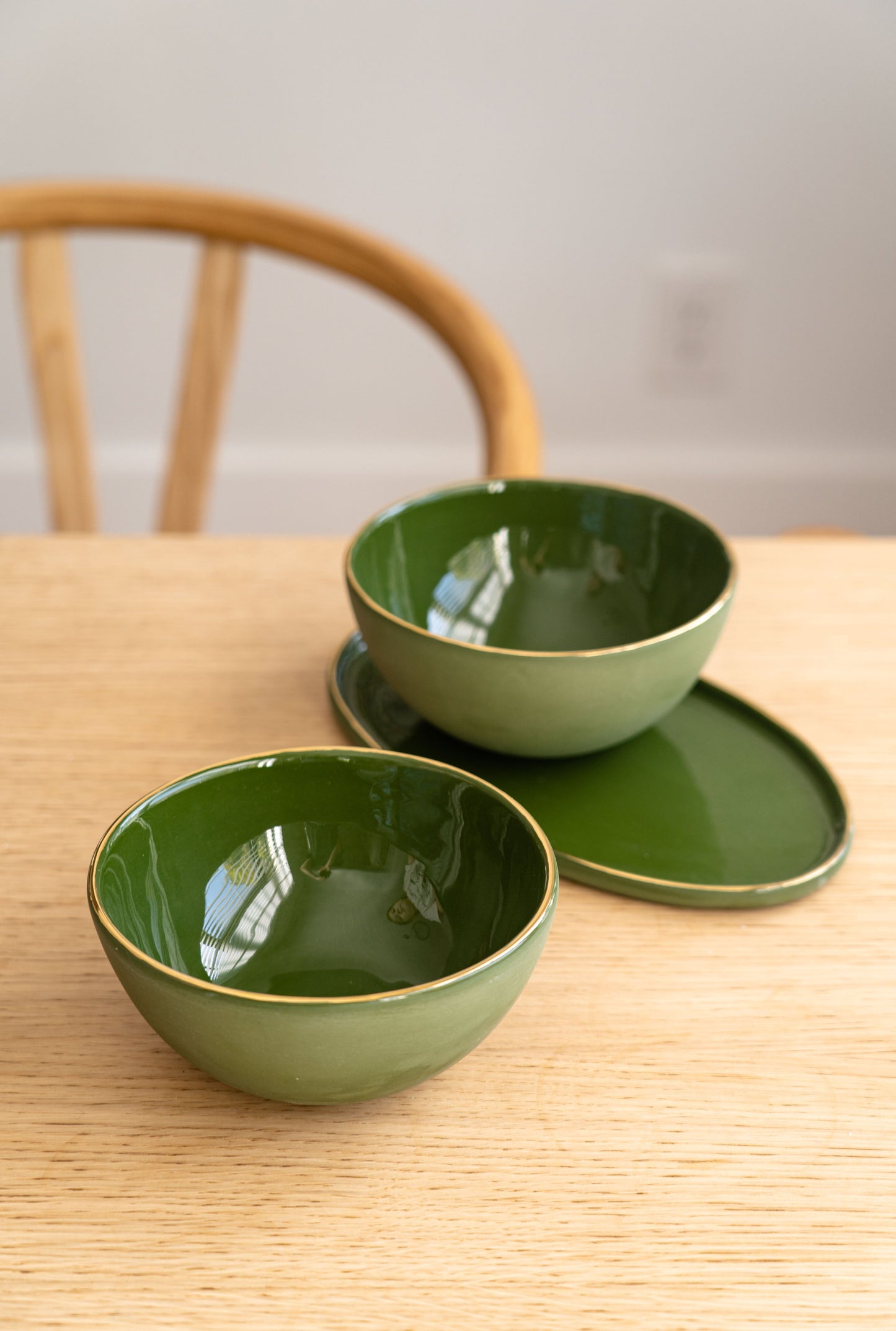 Handmade Porcelain Bowl with Gold Rim. Green