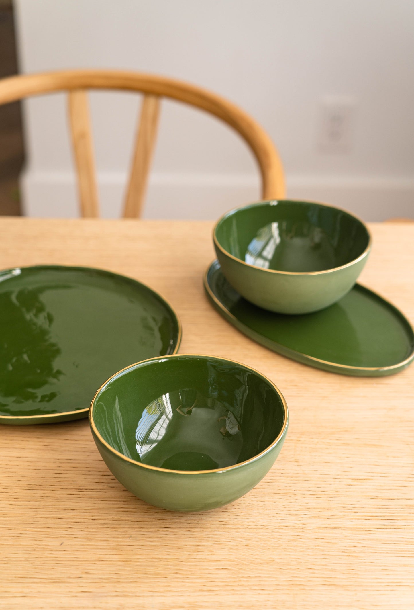 Handmade Porcelain Dinner Plates with Gold Rim. Green