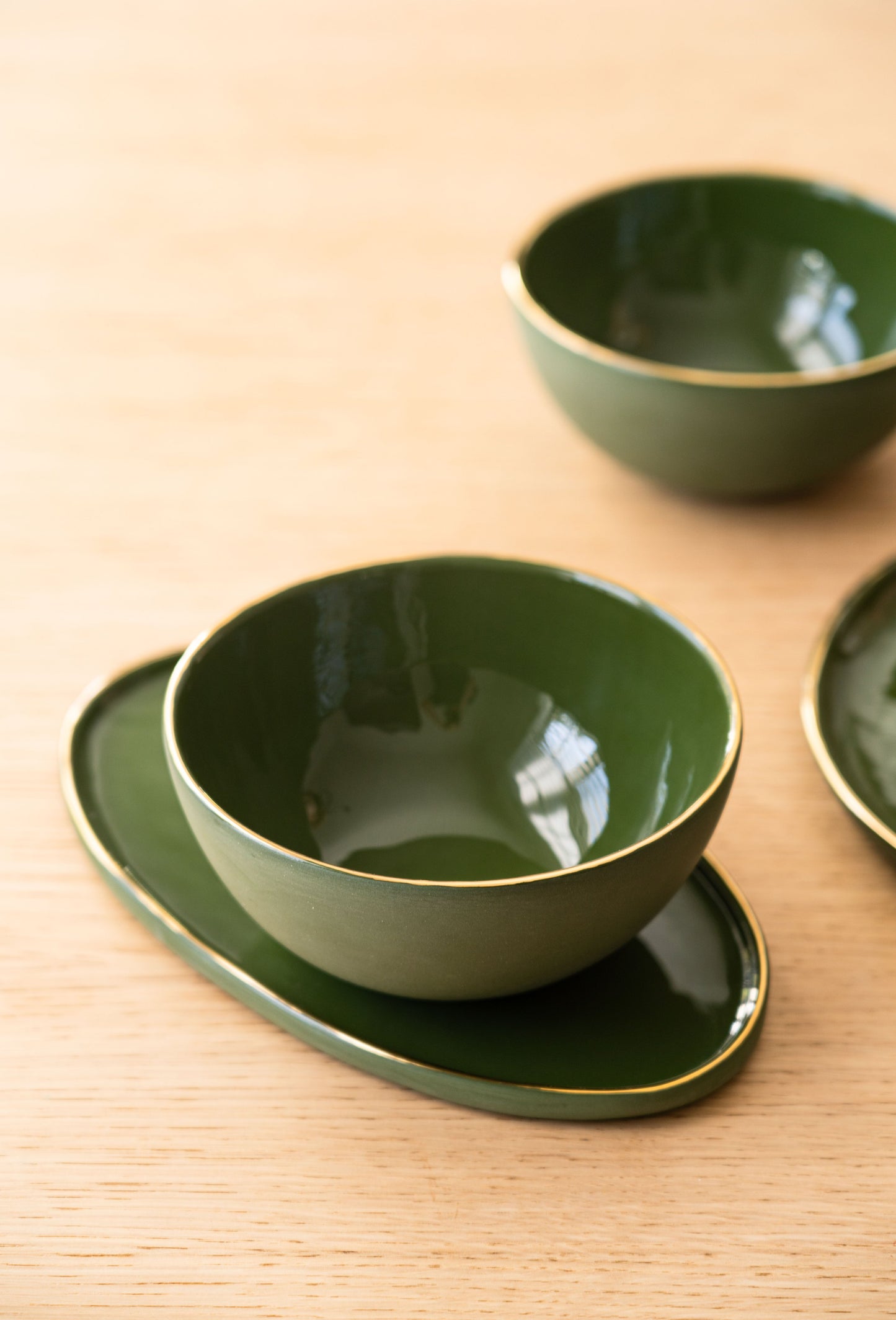 Handmade Porcelain Bowl with Gold Rim. Green