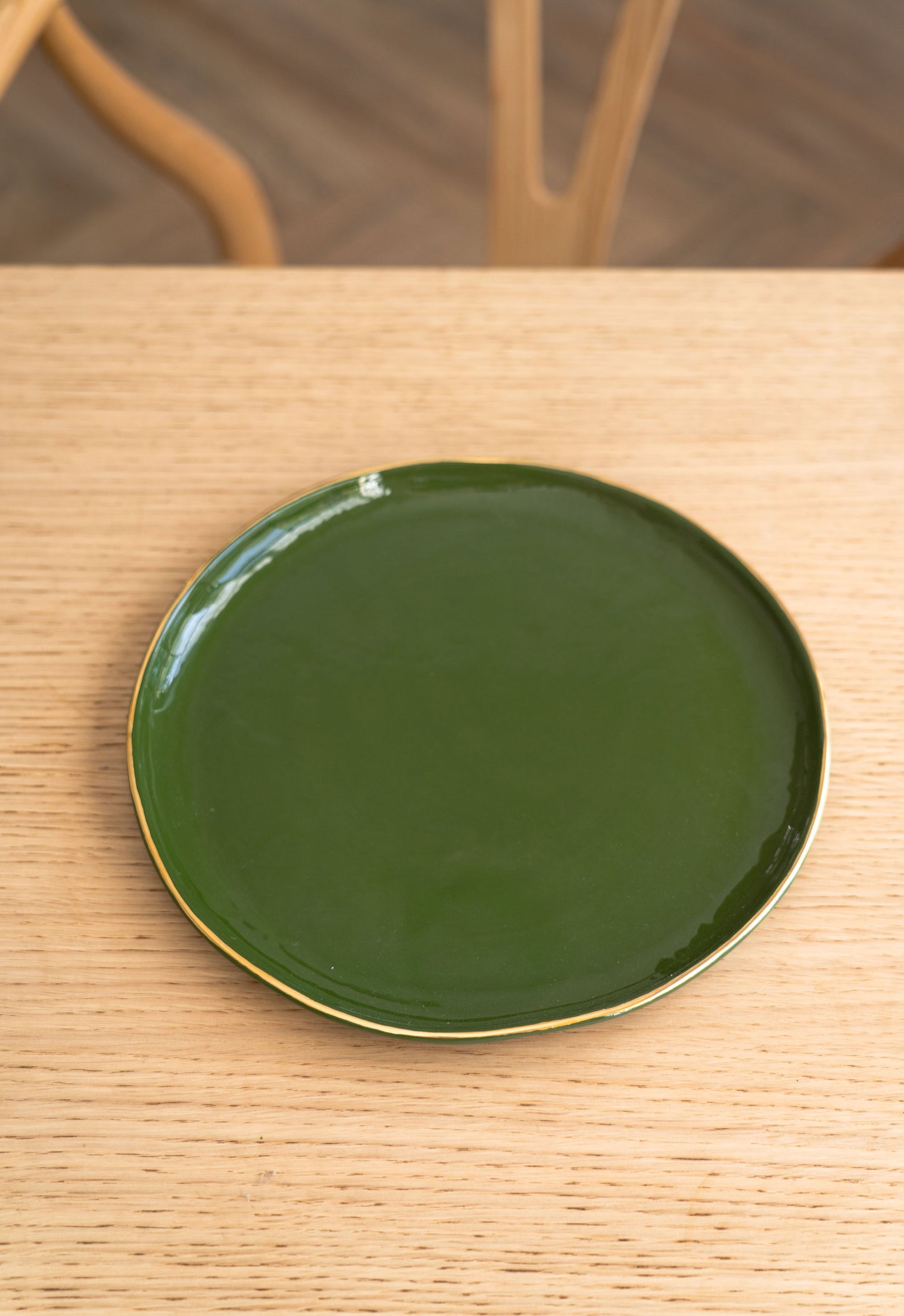 Handmade Porcelain Dinner Plates with Gold Rim. Green