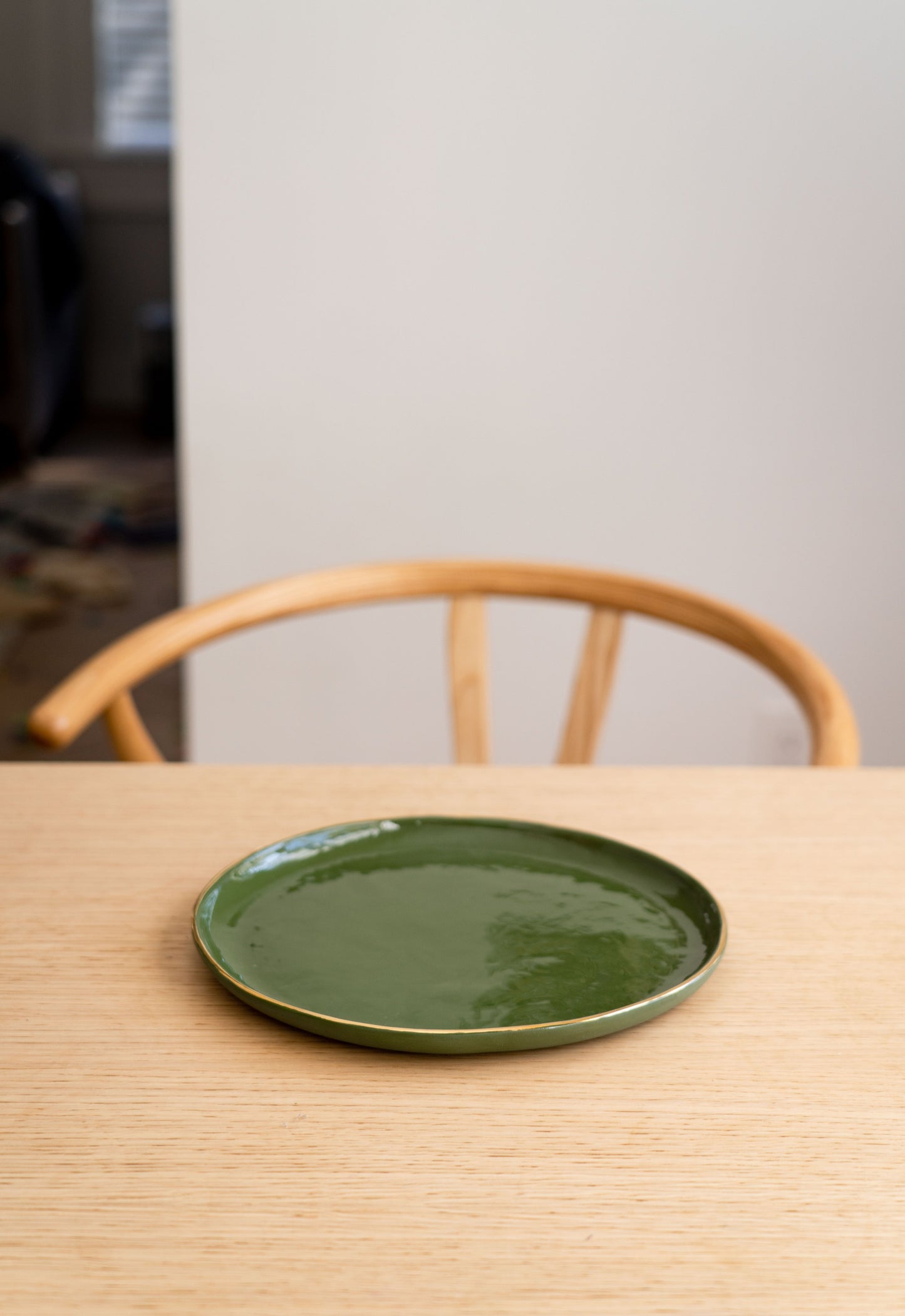 Handmade Porcelain Dinner Plates with Gold Rim. Green