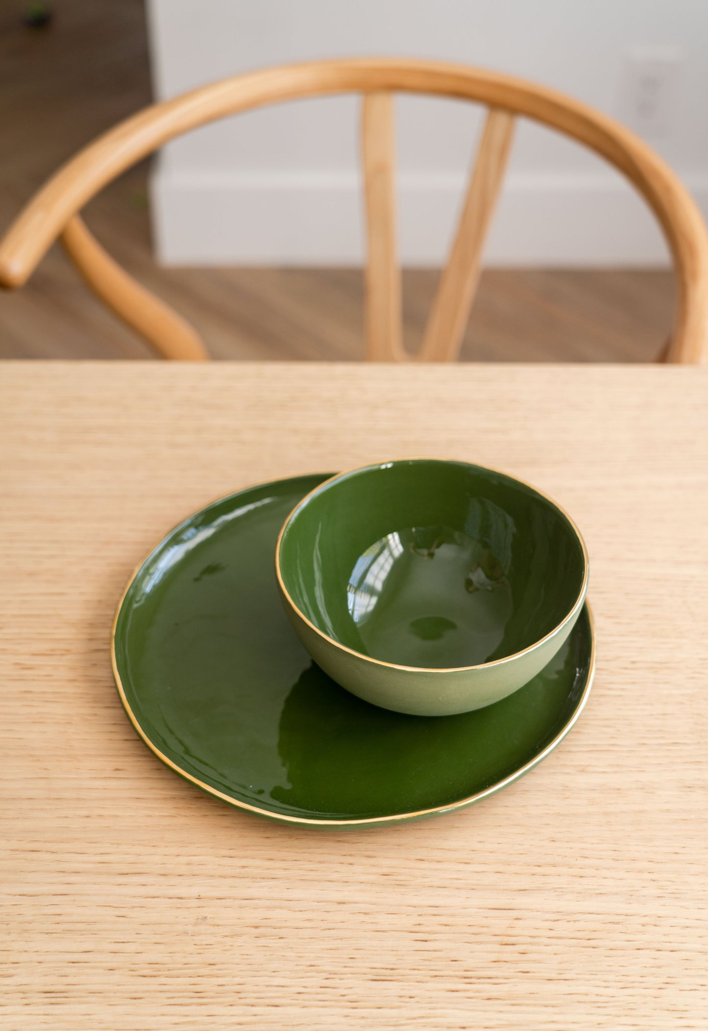 Handmade Porcelain Dinner Plates with Gold Rim. Green