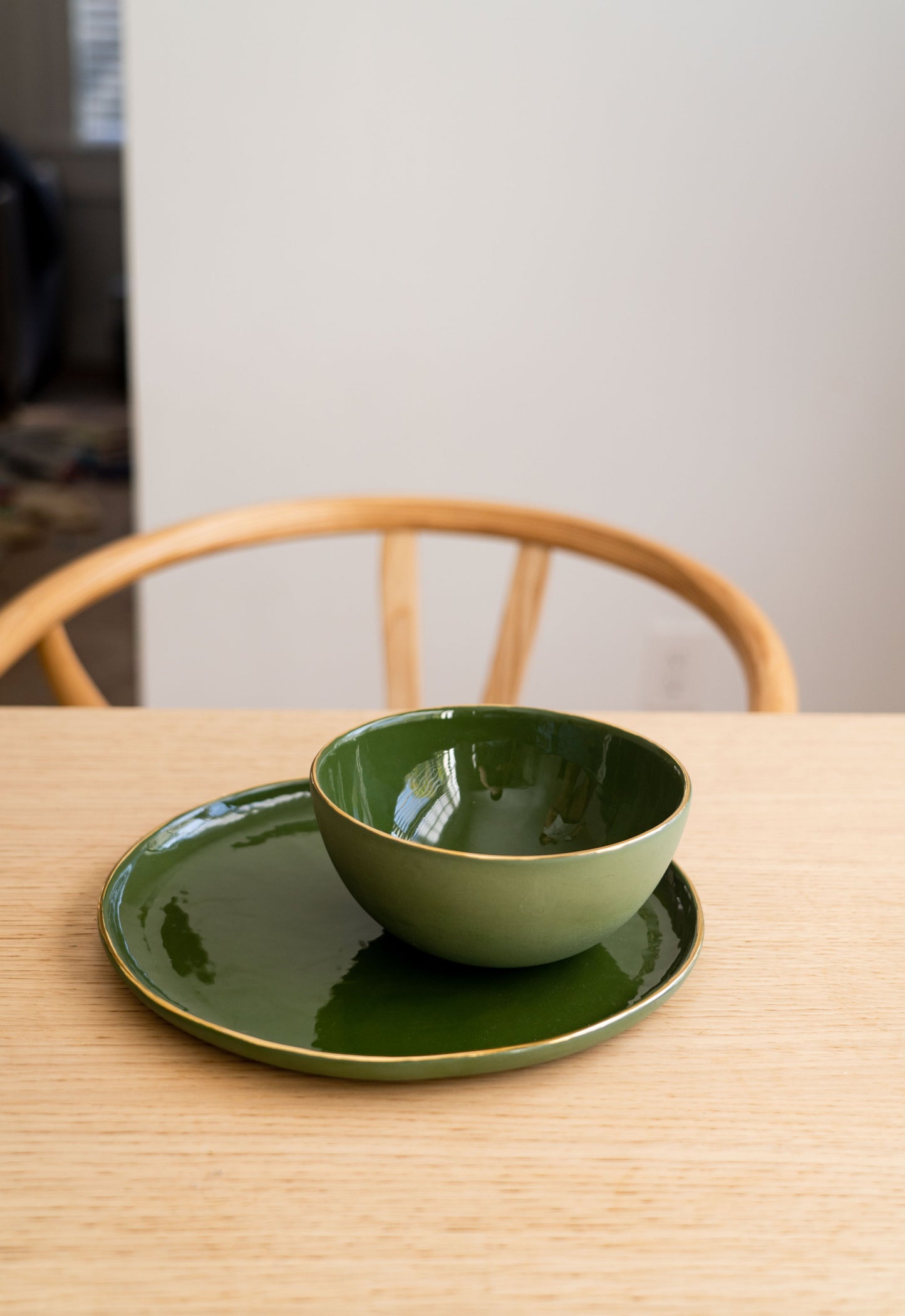 Handmade Porcelain Dinner Plates with Gold Rim. Green