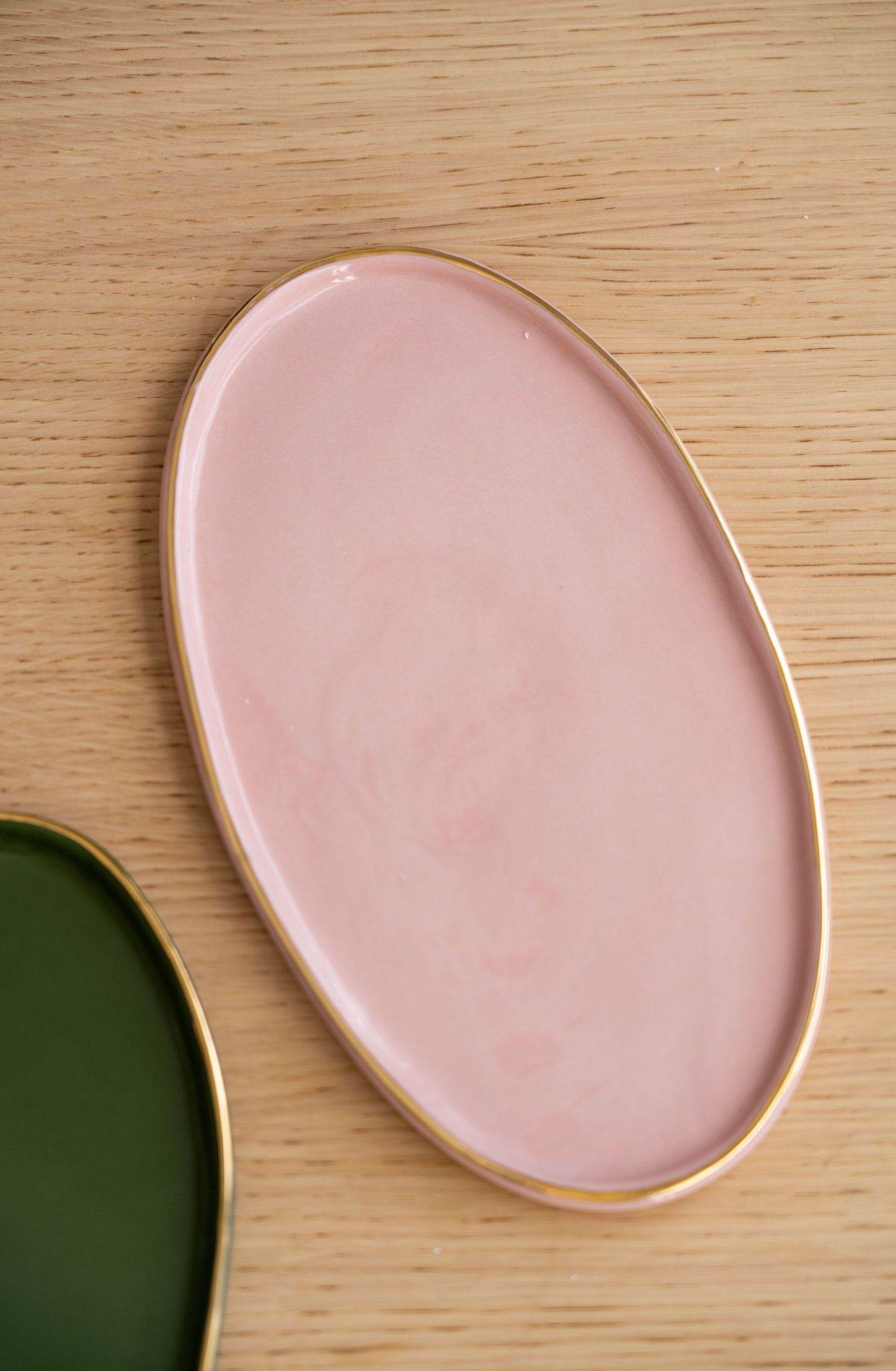 Handmade Oval Porcelain Serving Platter with Gold Rim. Powder Pink