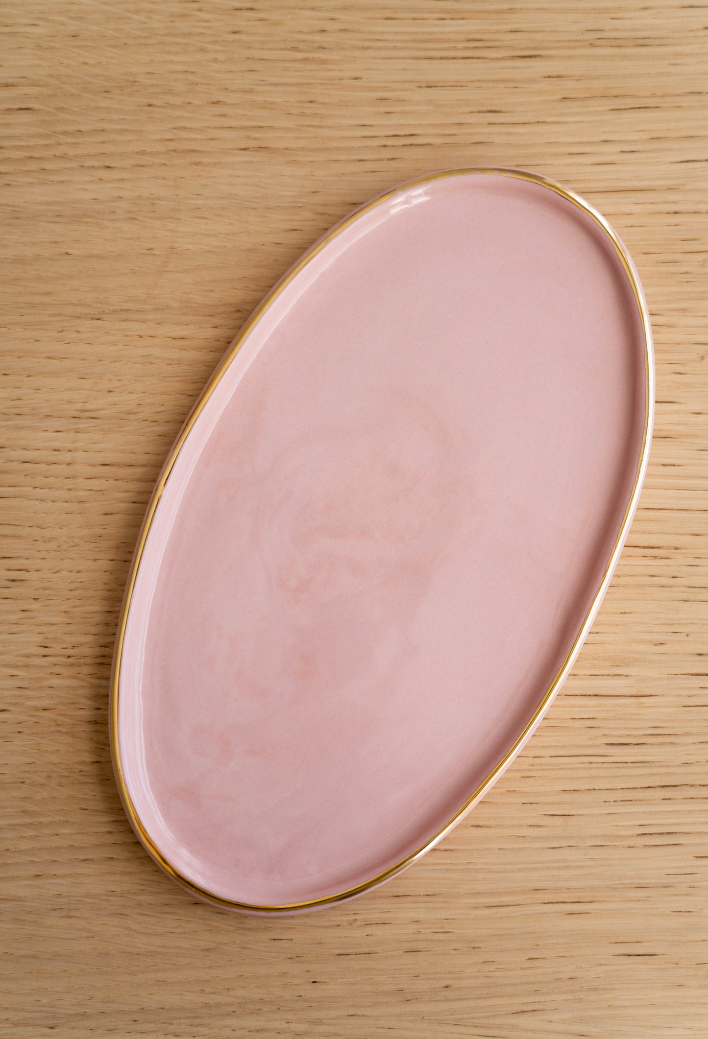 Handmade Oval Porcelain Serving Platter with Gold Rim. Powder Pink