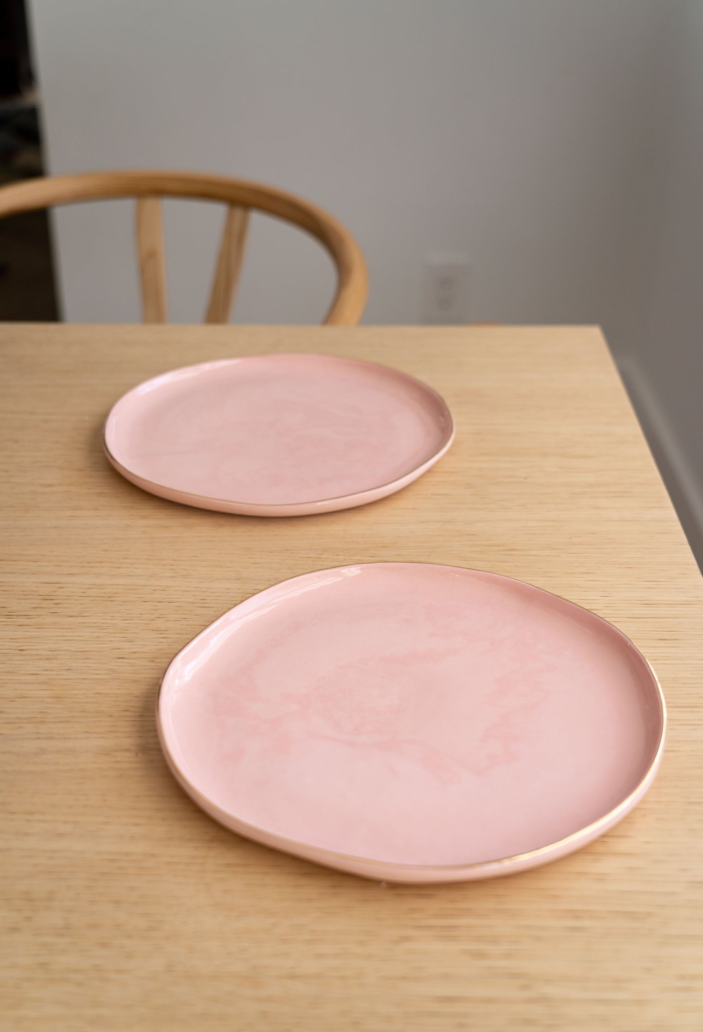 Handmade Porcelain Dinner Plates with Gold Rim. Powder Pink