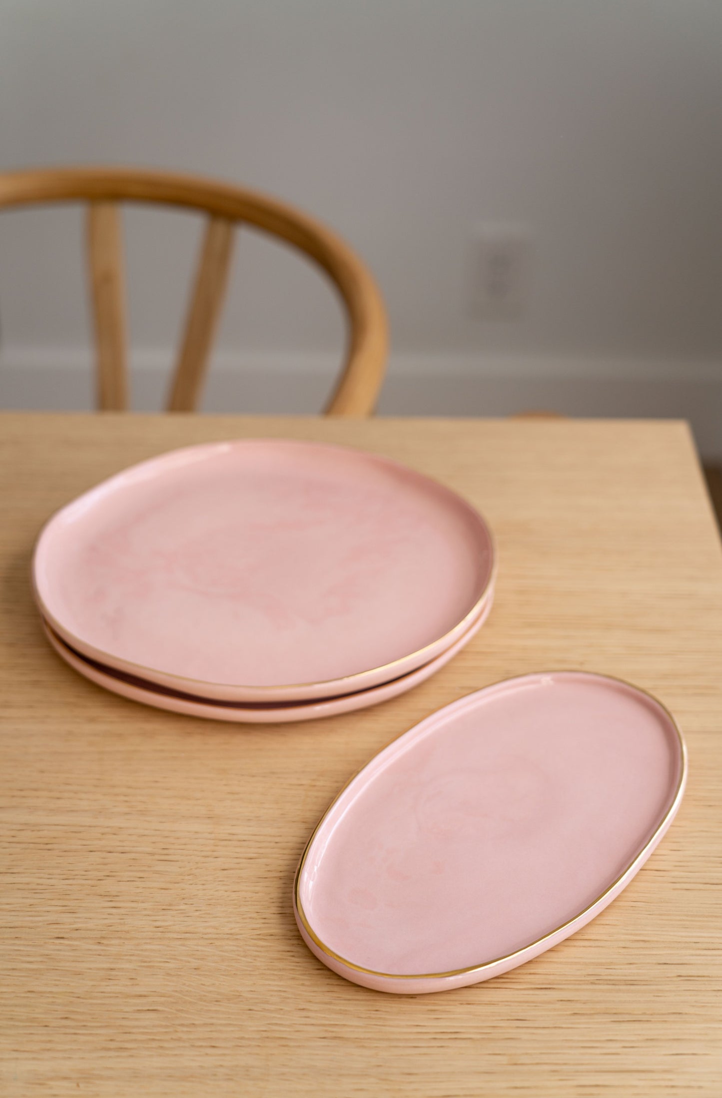 Handmade Oval Porcelain Serving Platter with Gold Rim. Powder Pink