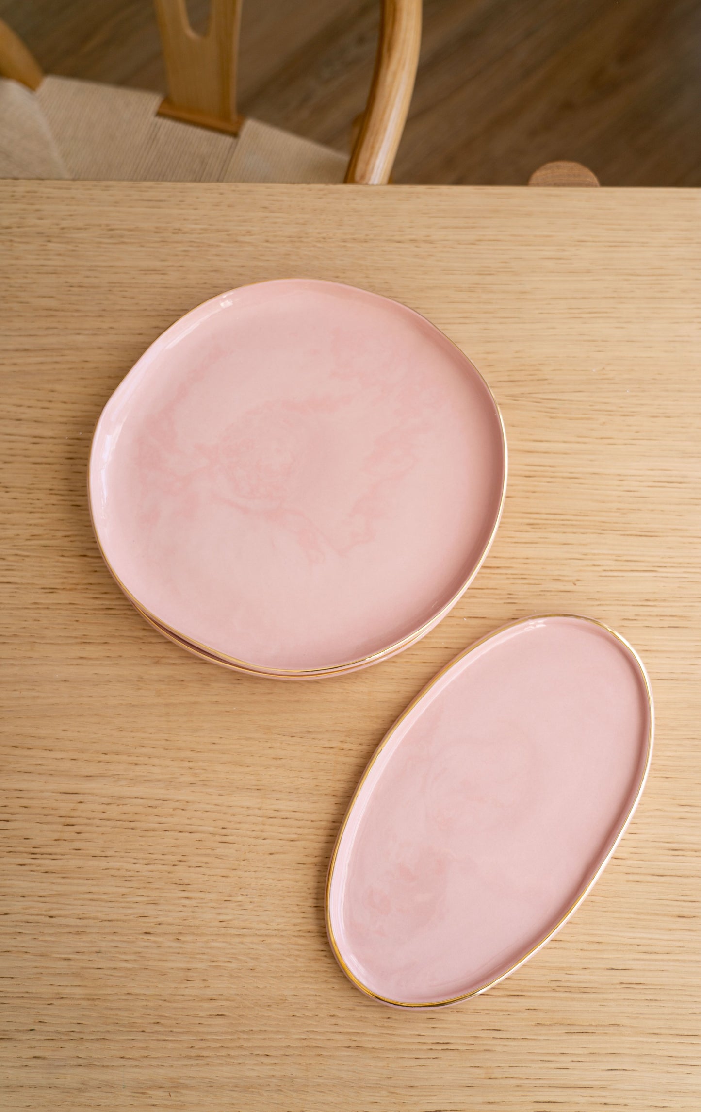 Handmade Porcelain Dinner Plates with Gold Rim. Powder Pink