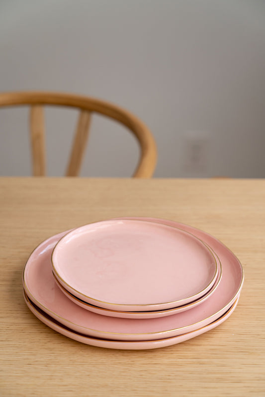 Handmade Porcelain Dinner Plates with Gold Rim. Powder Pink