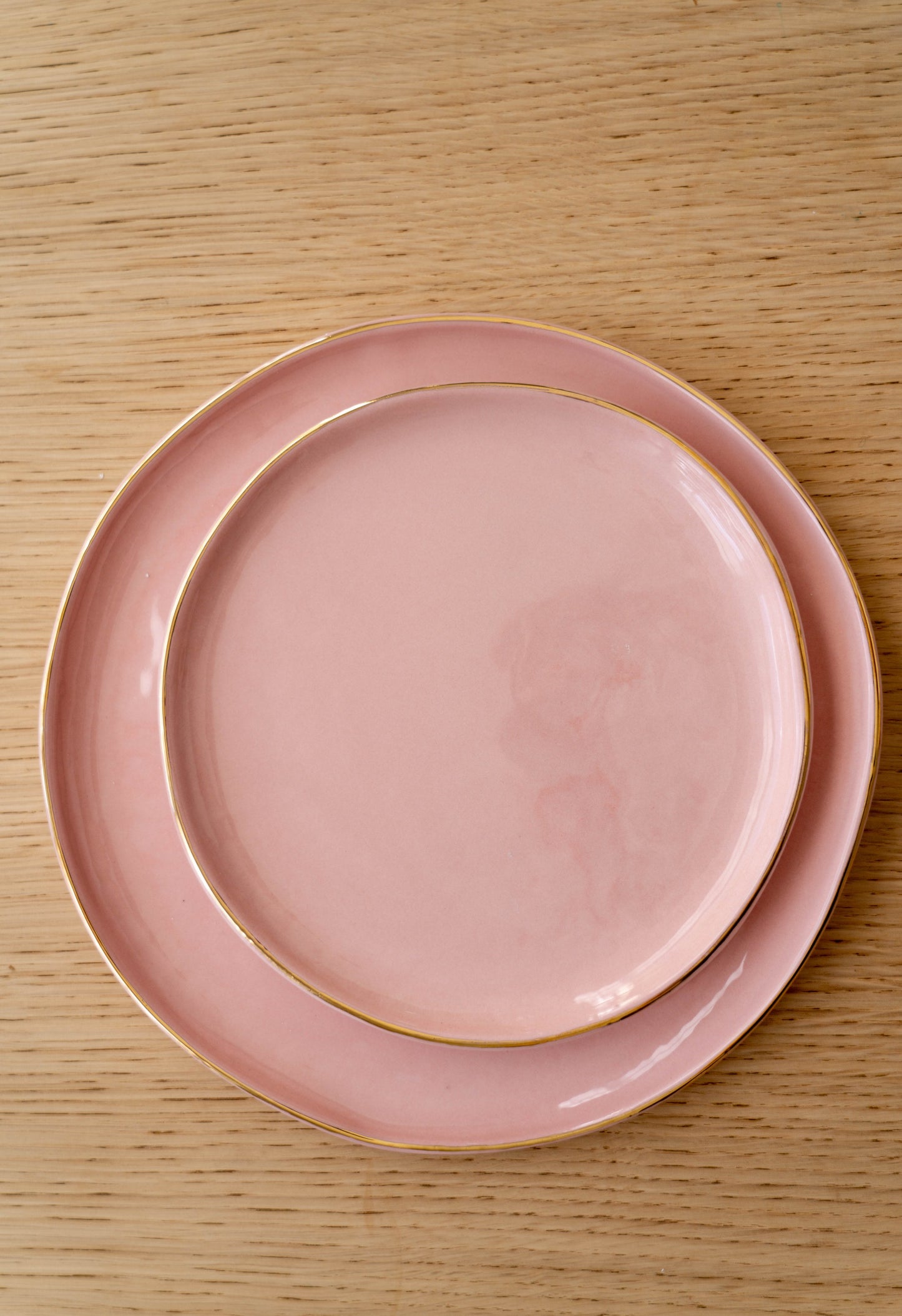 Handmade Porcelain Dinner Plates with Gold Rim. Powder Pink