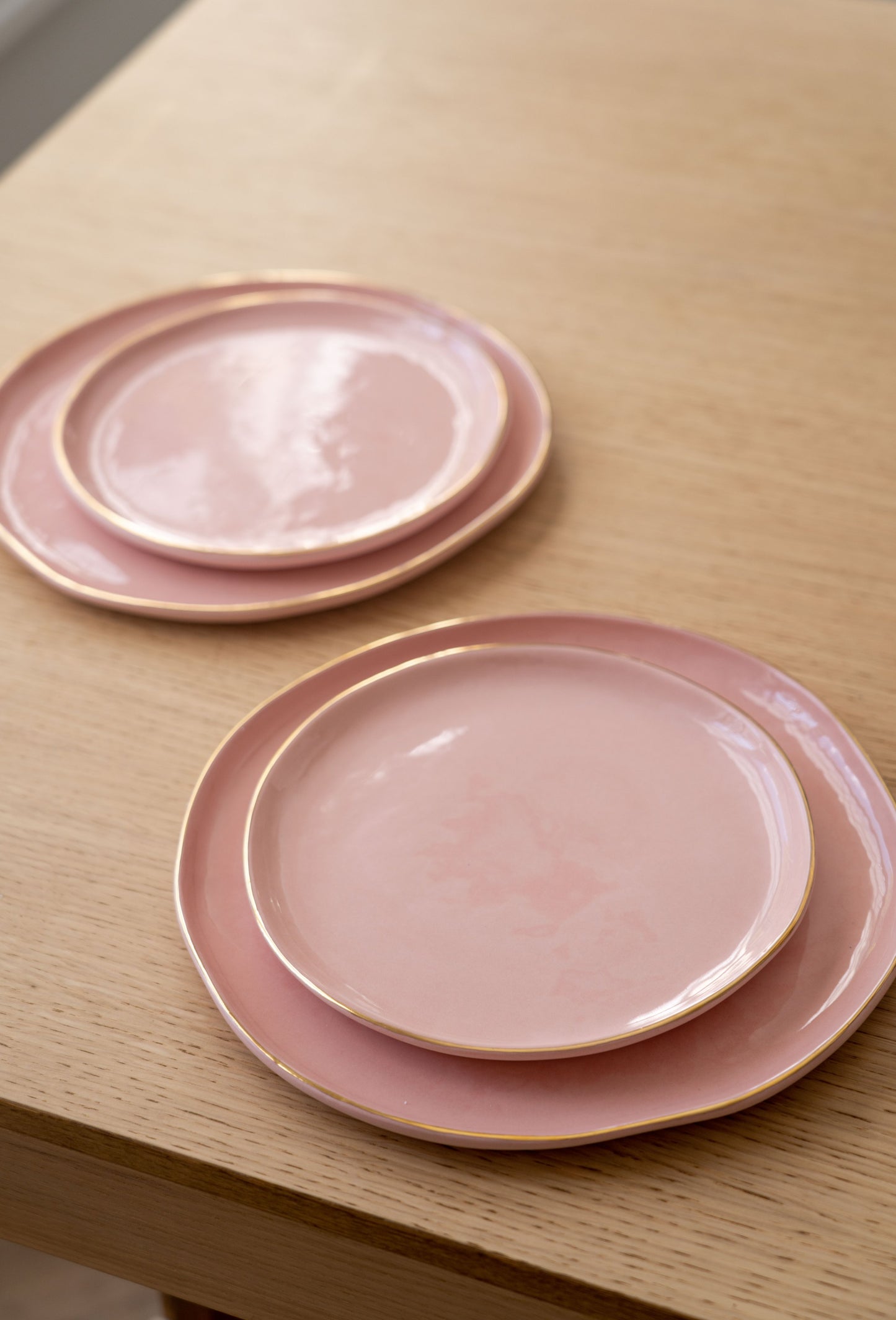 Handmade Porcelain Dinner Plates with Gold Rim. Powder Pink