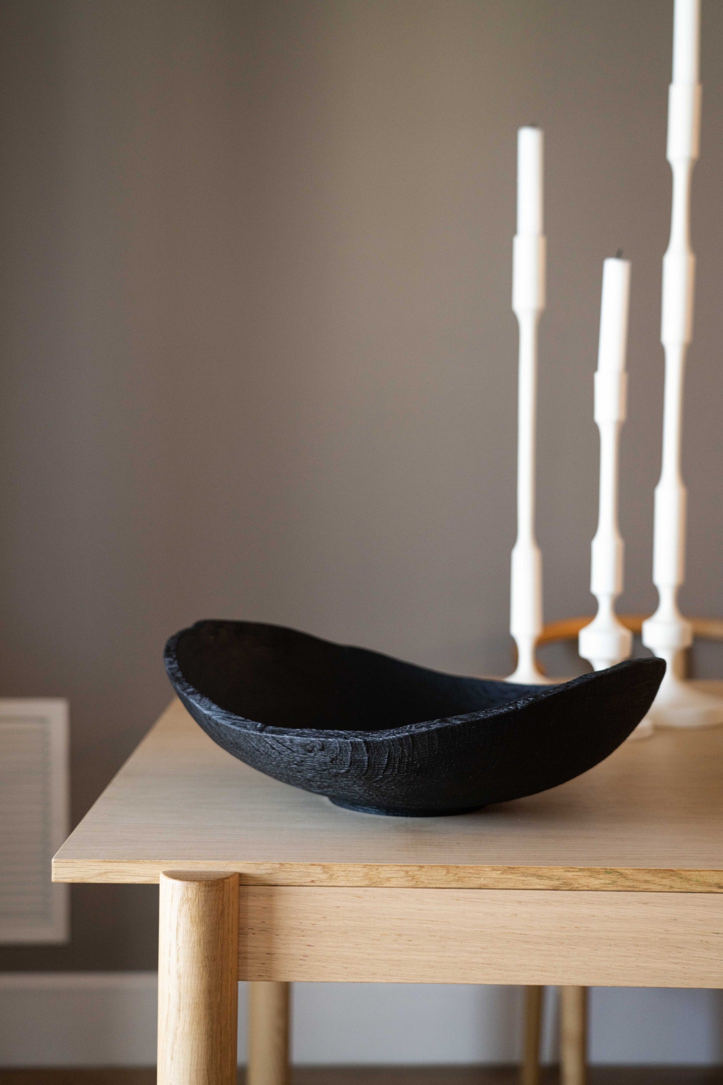 Hand-Carved Large Charred Wood Shallow Bowl