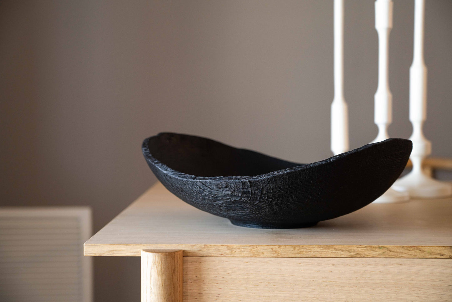 Hand-Carved Large Charred Wood Shallow Bowl