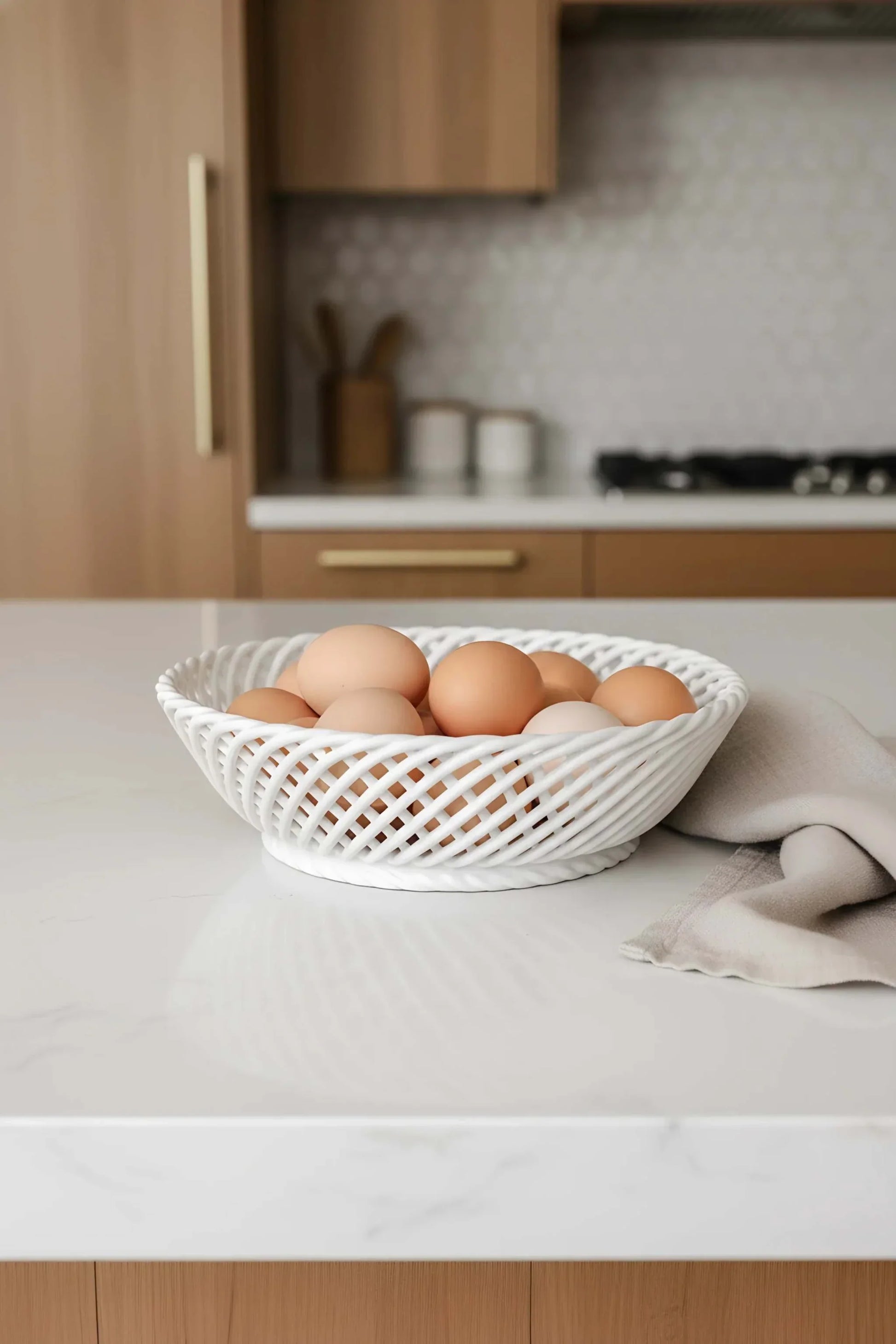 Ceramic Round Hand-Woven Basket – White, Beige & Pink Glossy Porcelain