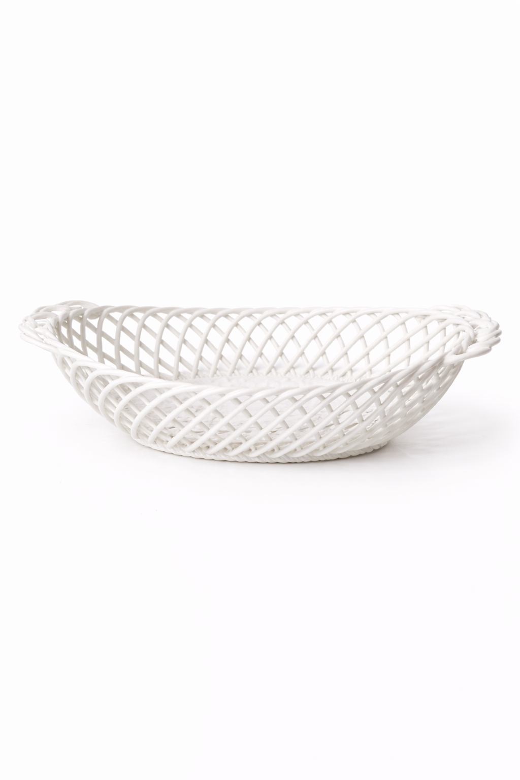 Ceramic Oval Basket - Handwoven Porcelain in White, Beige & Pink Glaze