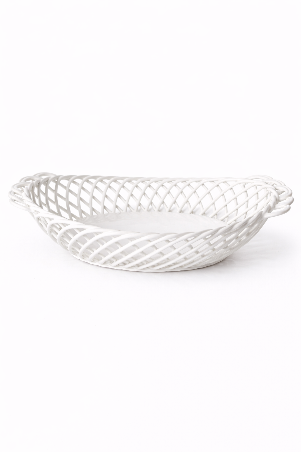 Ceramic Oval Basket - Handwoven Porcelain in White, Beige & Pink Glaze